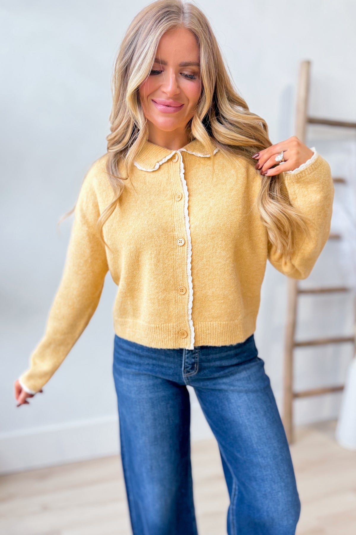 TWENTIFOURTH Karen Peter Pan collared sweater in 132 fall sweater collection, featuring a cozy knit with a classic collar design.