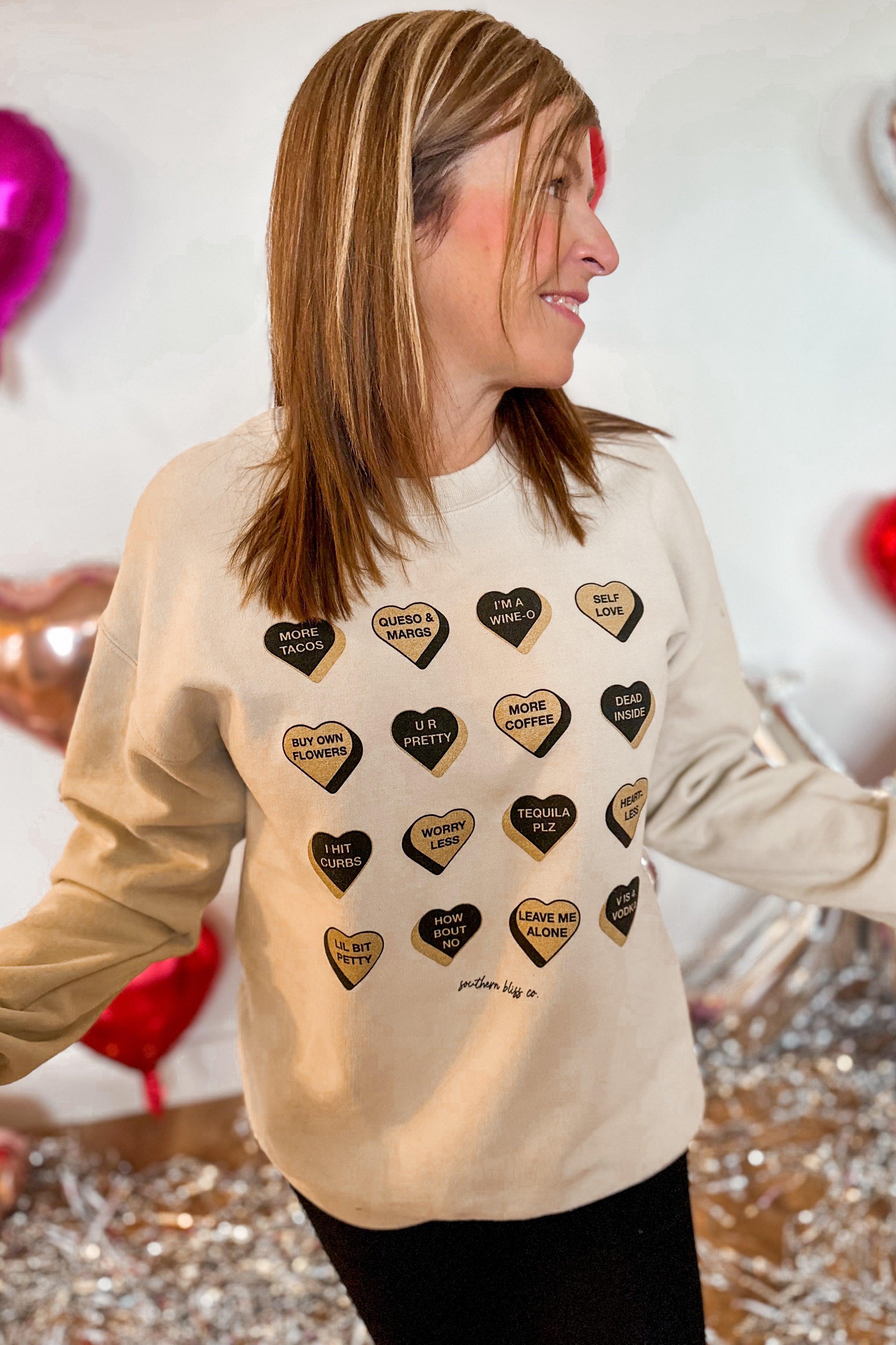 Valentines Glitter Candy Hearts Long Sleeve Graphic Sweatshirt - Be You Boutique