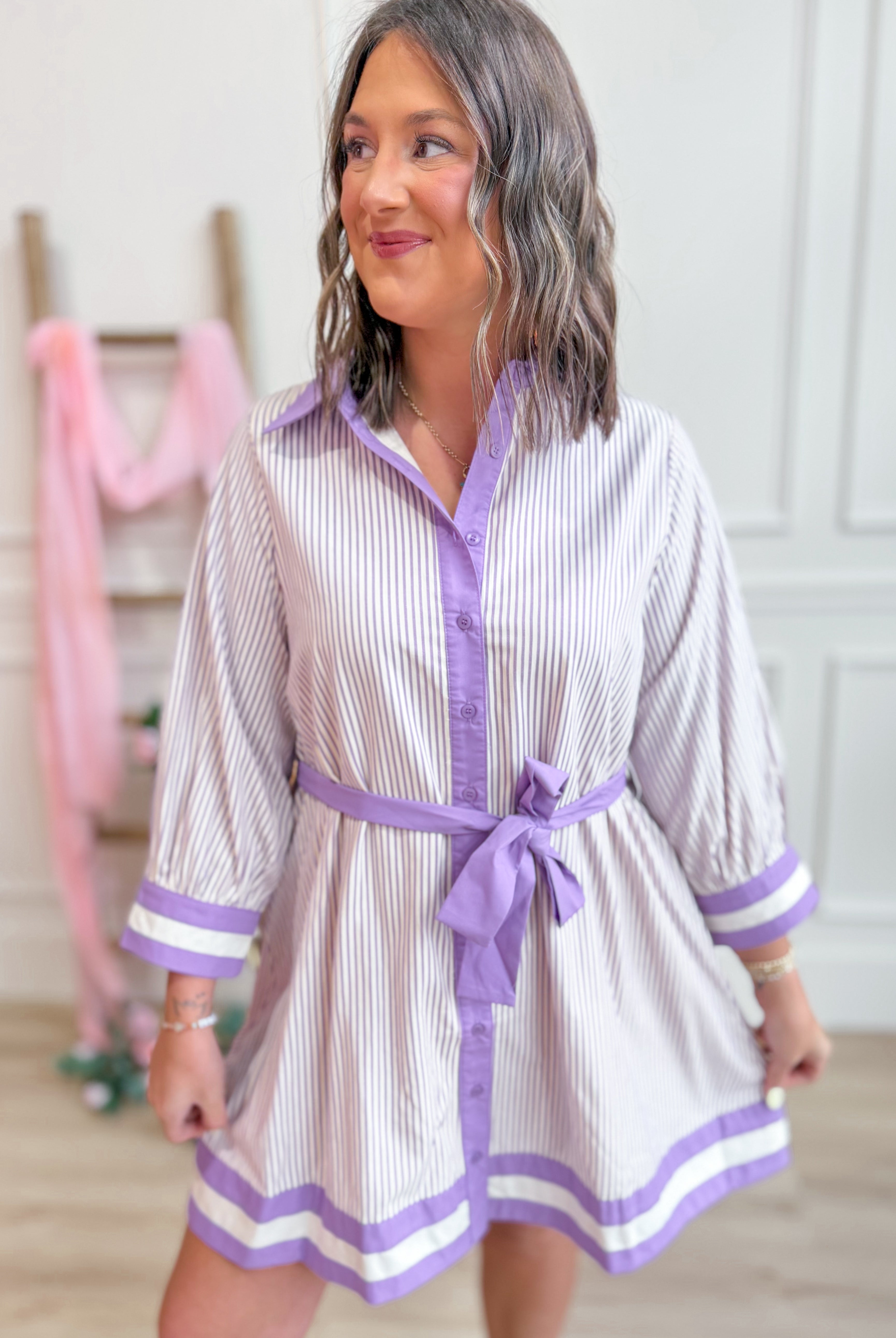 ENTRO Mia button-down tie waist dress, 125 dressy dress with a flattering silhouette, featuring a classic collar and waist tie detail.