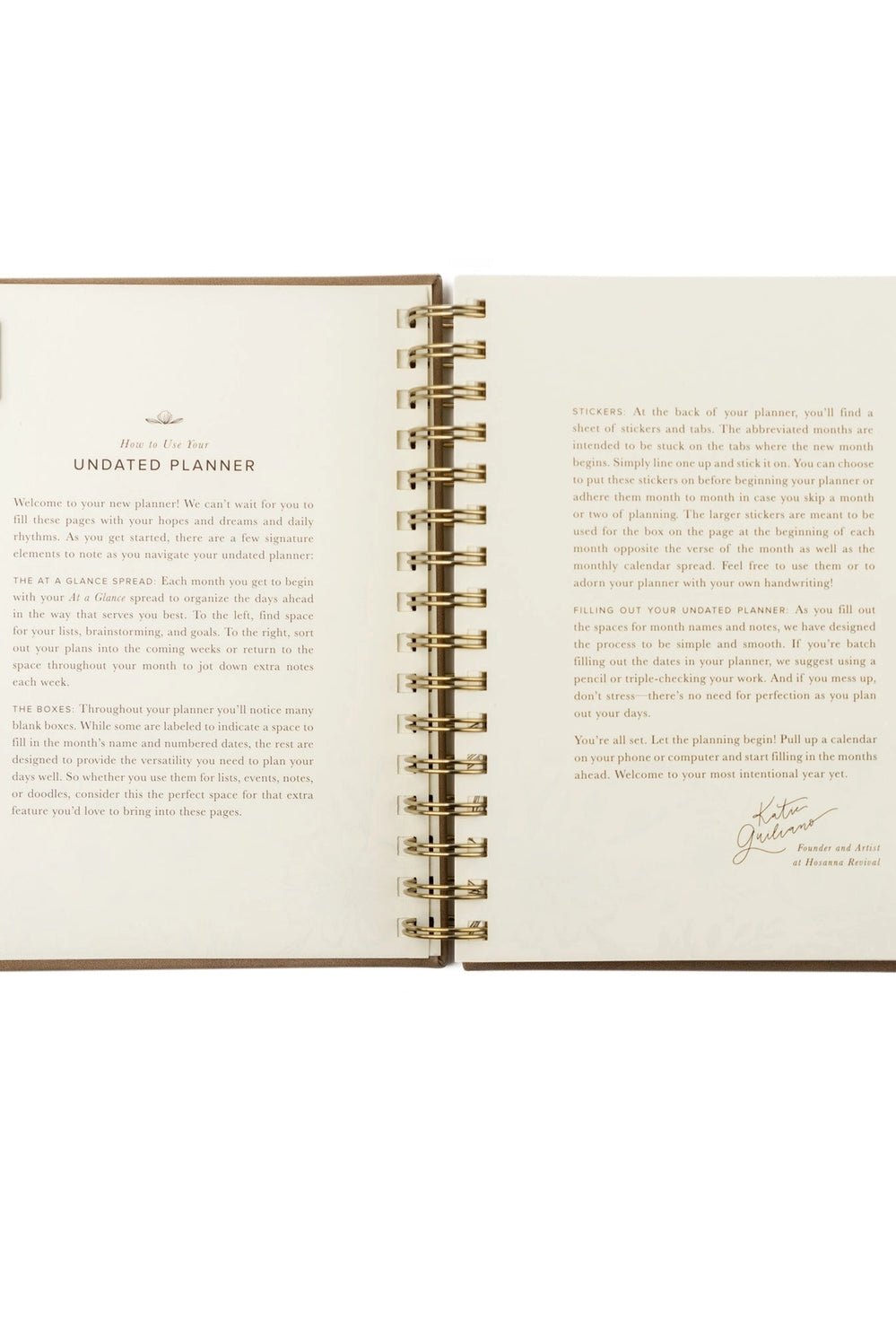 Undated 12-month planner by HOSANNA REVIVAL with a hardcover cover, designed for daily organization and scheduling.
