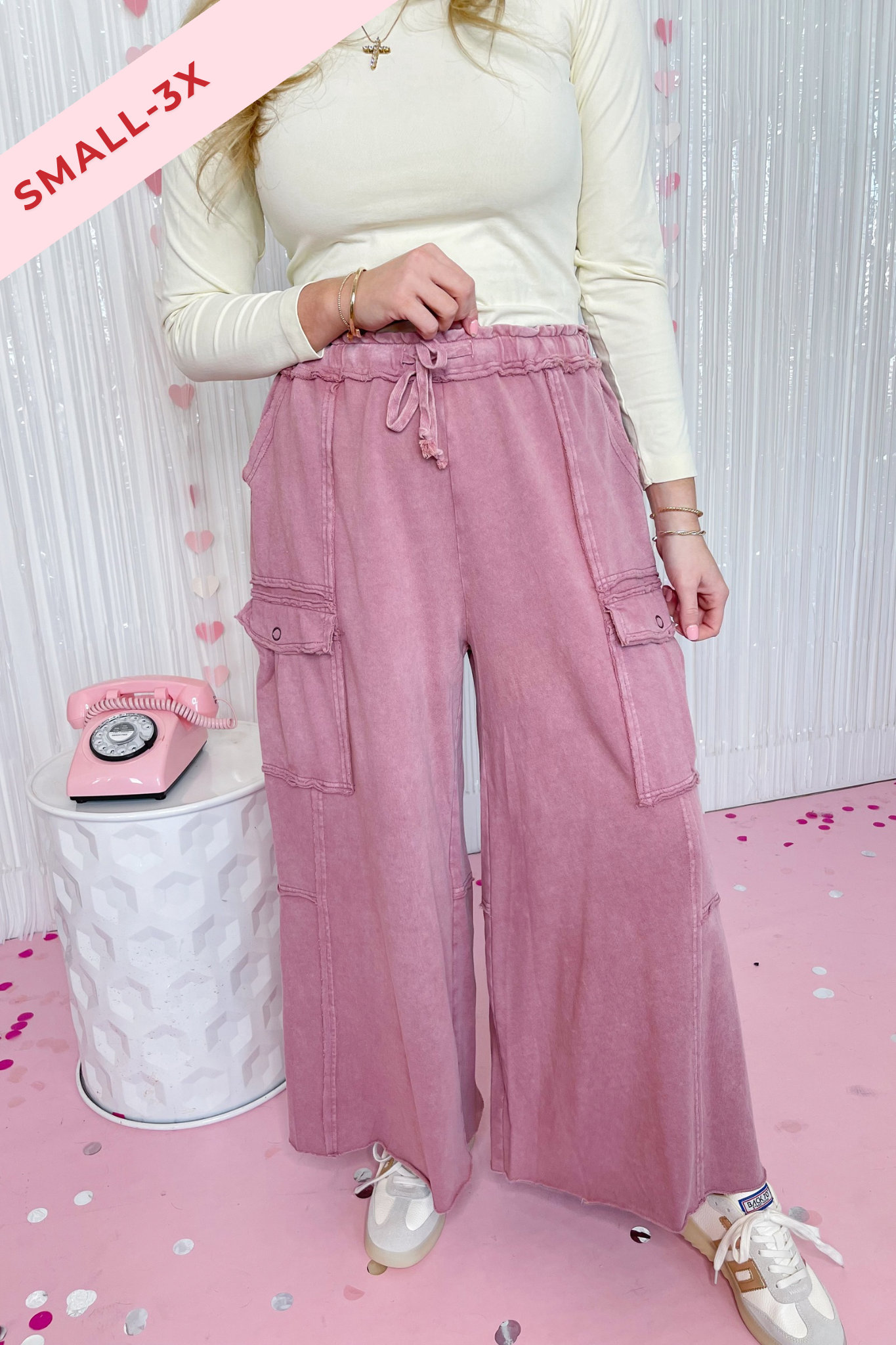 EASEL Mateo Mineral Washed Wide Leg Cargo Pants in neutral color, showing relaxed fit and cargo pockets for casual style.