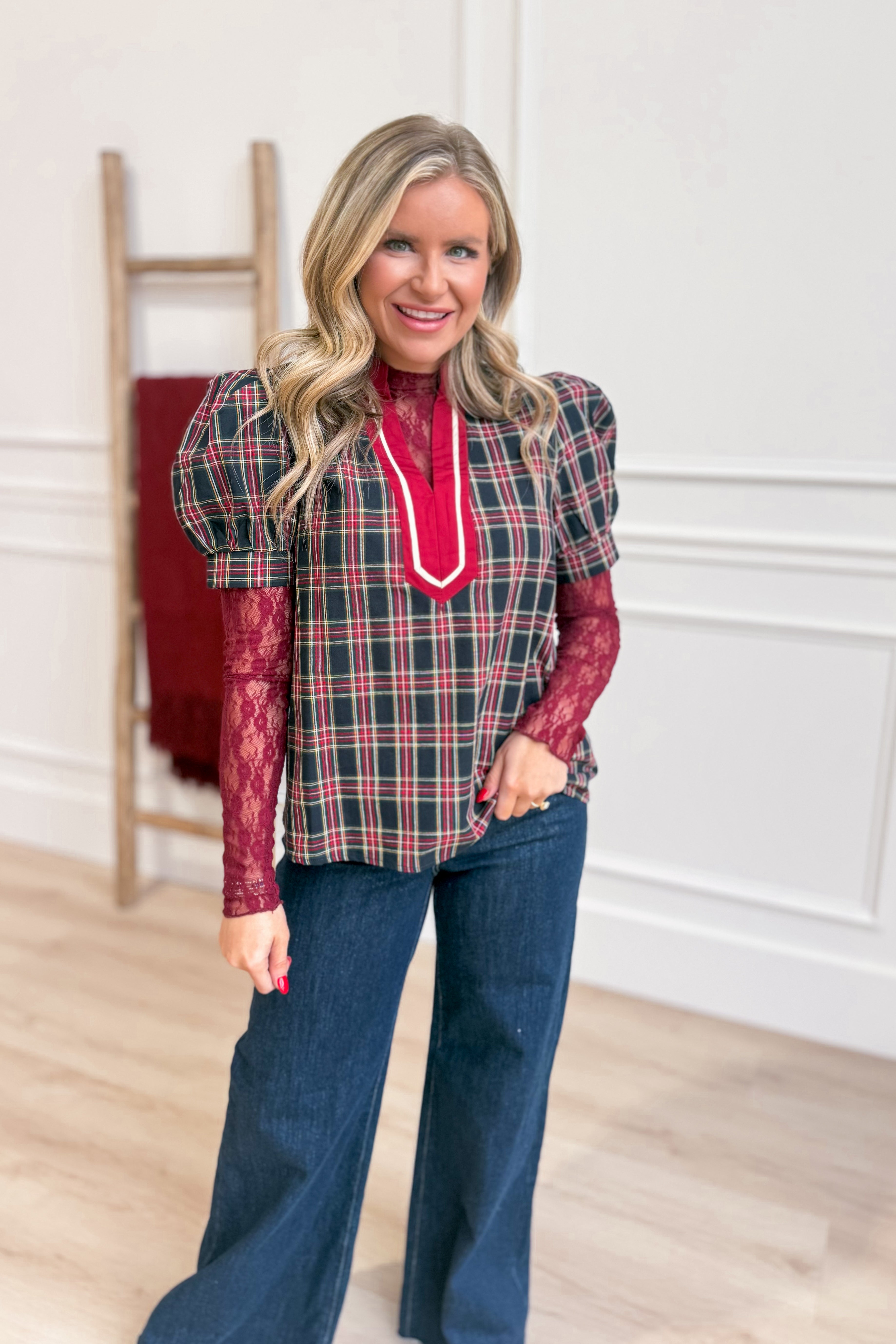 Rosie Plaid Pattern Puff Sleeve Top - Be You Boutique