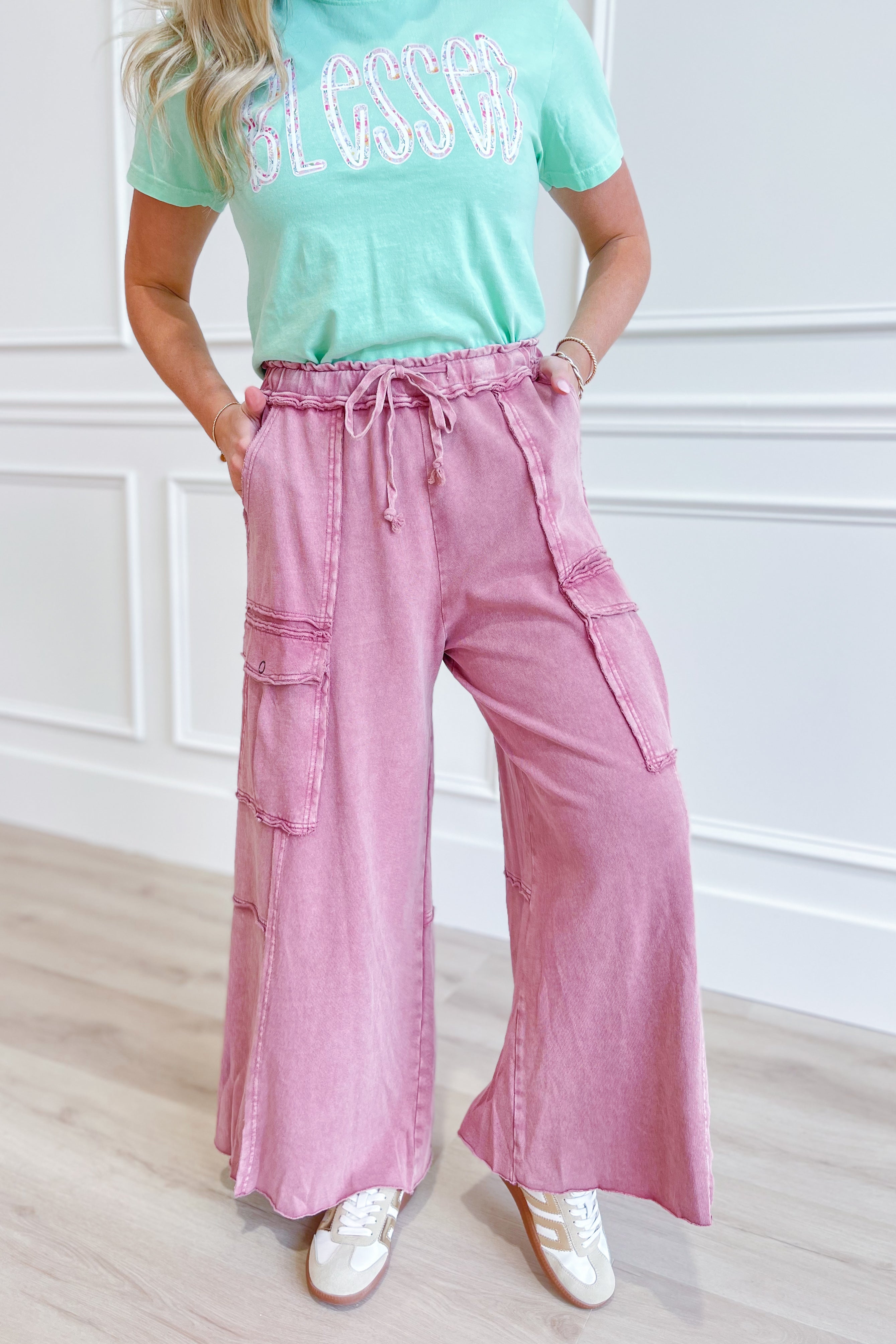 EASEL Mateo Mineral Washed Wide Leg Cargo Pants in beige, size S to 3X, featuring relaxed fit and multiple cargo pockets.