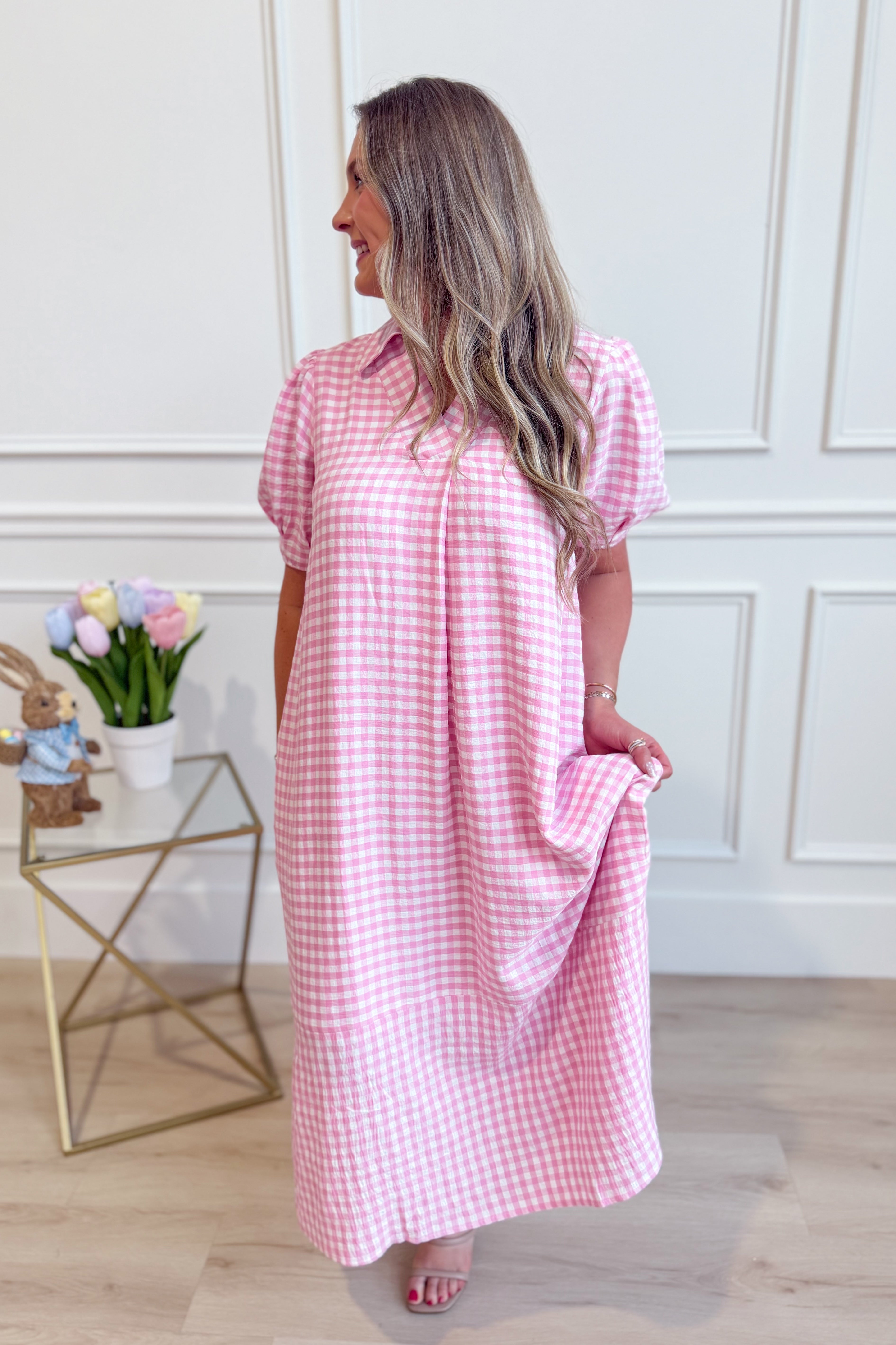 UMGEE USA Tonya plaid printed midi dress featuring a stylish, flowy design perfect for dressy occasions.