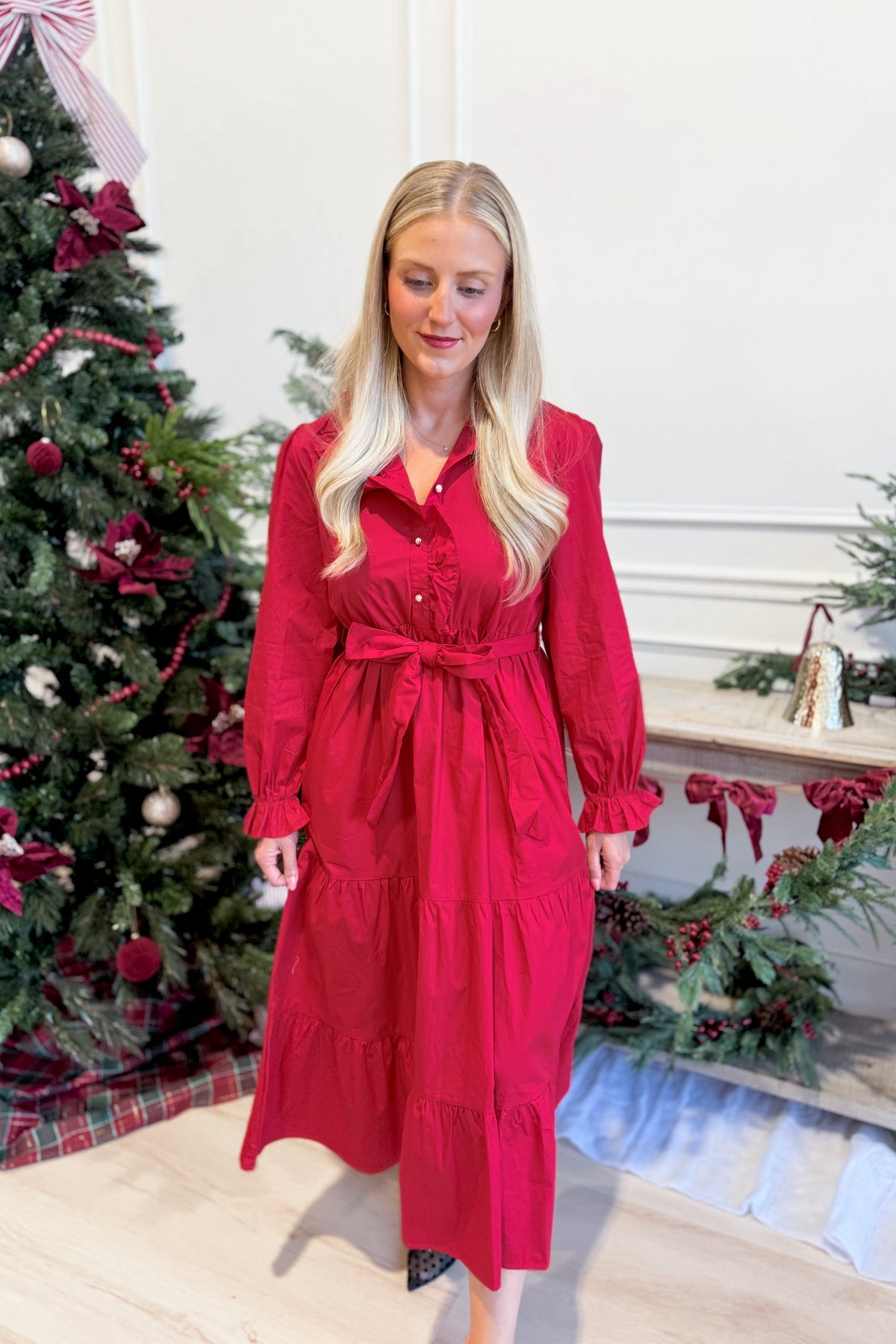 JODIFL Angela ruffle trim tie waist dress in soft fabric with ruffled details and a flattering waist tie, perfect for dressy occasions.