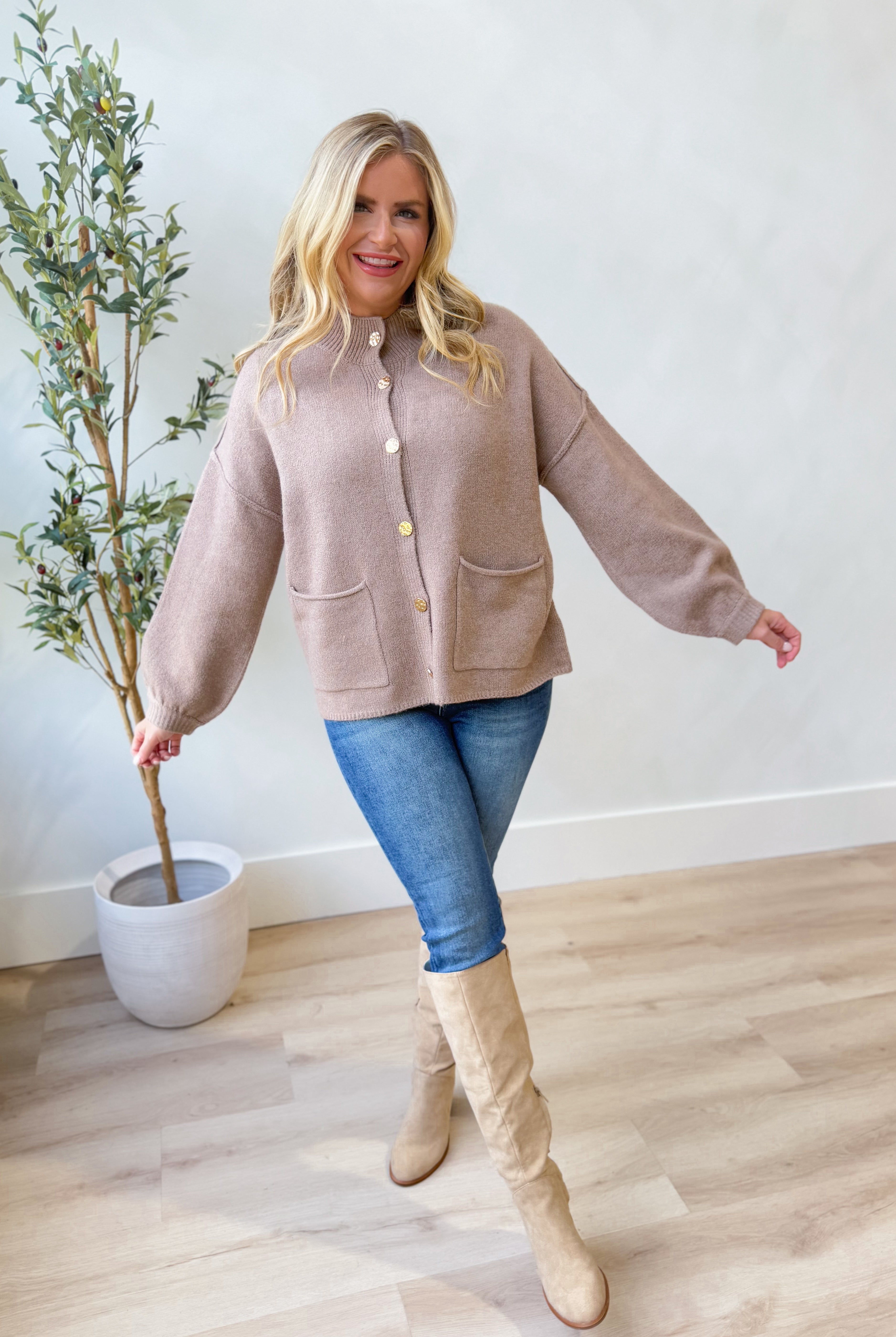 Kris Long Sleeve Gold Hammered Button Cardigan - Be You Boutique