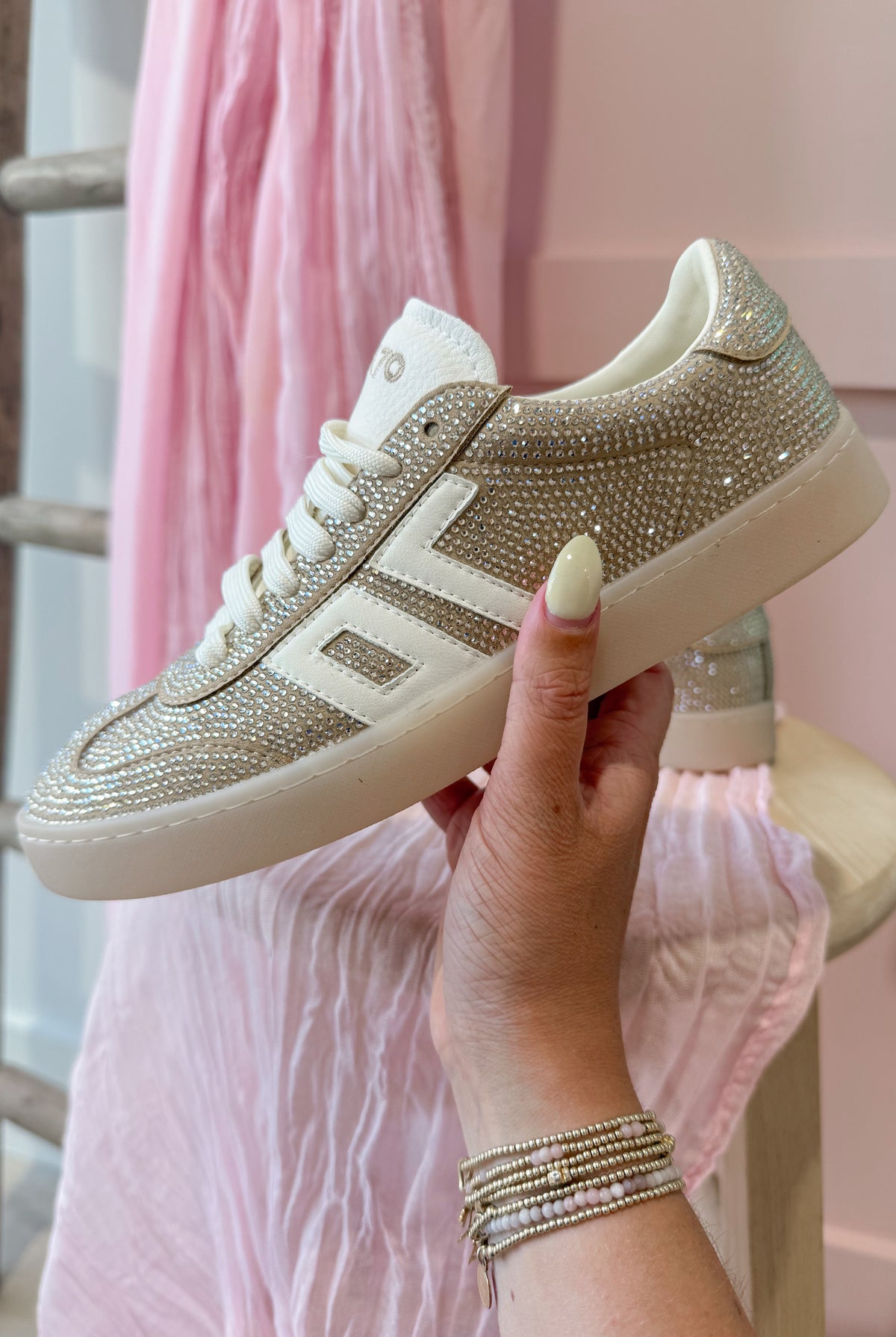 Back 70 SMART Gold Rhinestone Sneakers, 205 Sneakers with stylish gold rhinestone design and comfortable athletic fit.