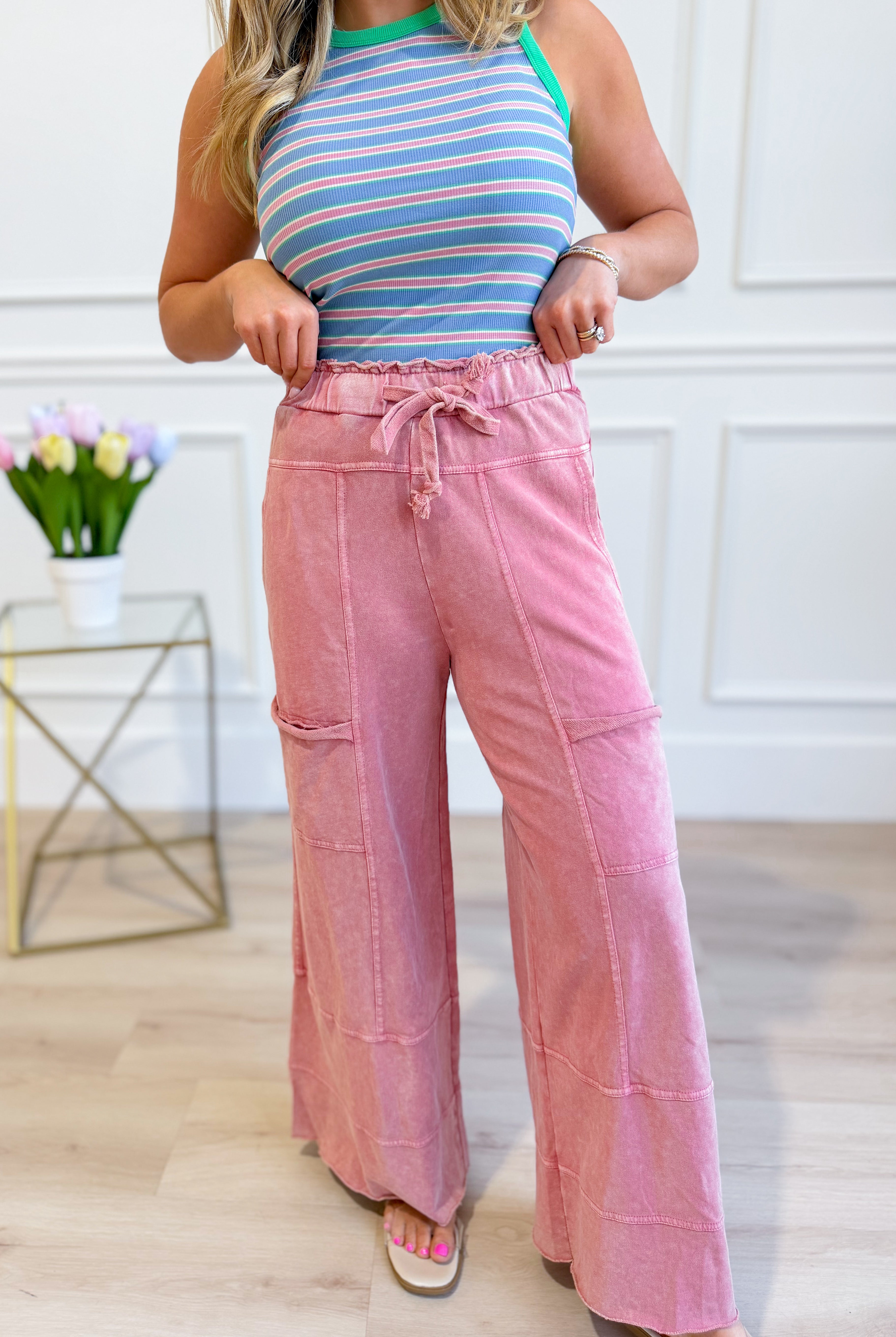 EASEL Bradley Mineral Washed Terry Knit Wide Leg Pants in neutral tone, featuring a relaxed fit and wide-leg silhouette.