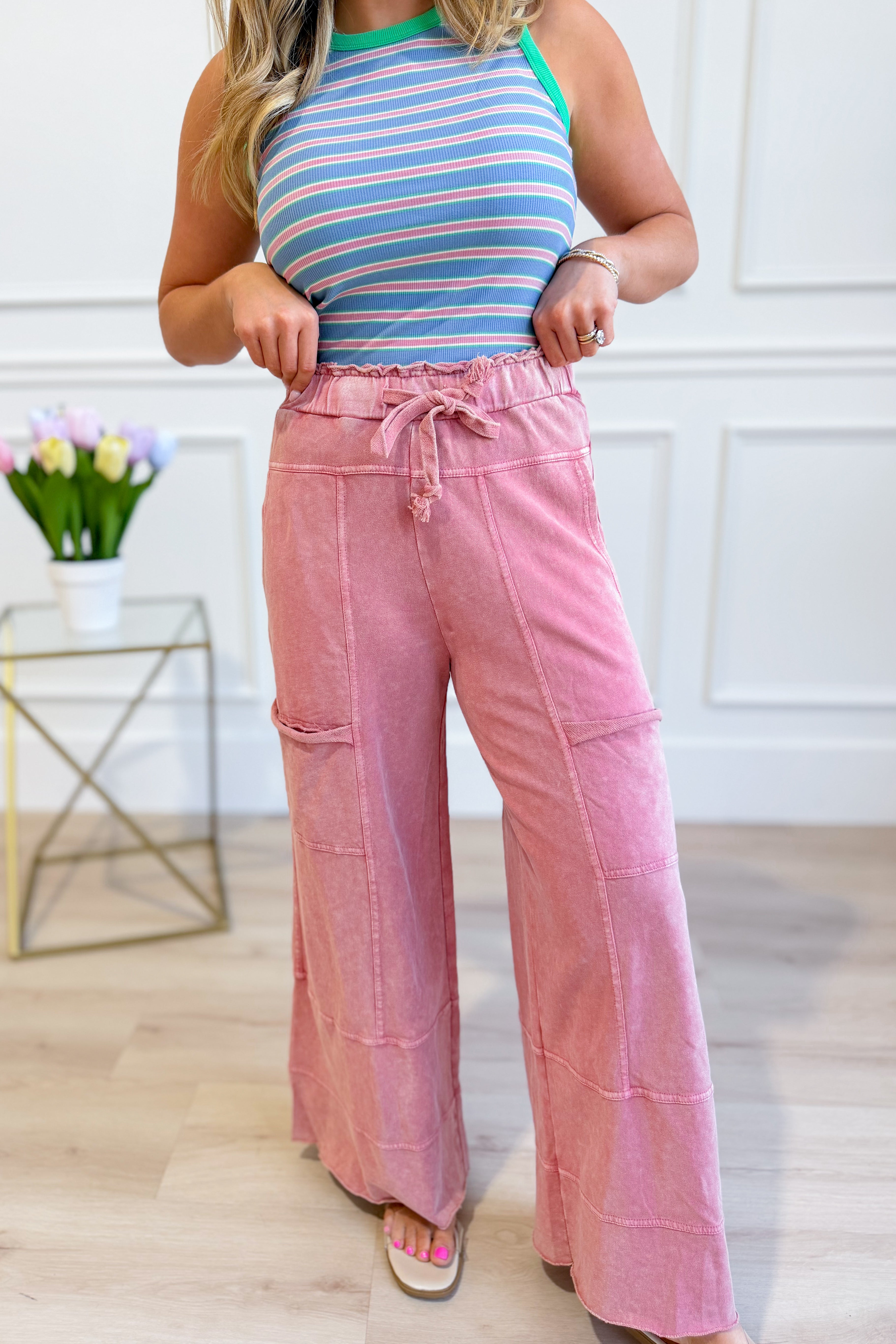 EASEL Bradley Mineral Washed Terry Knit Wide Leg Pants in neutral tone, featuring a relaxed fit and wide-leg silhouette.
