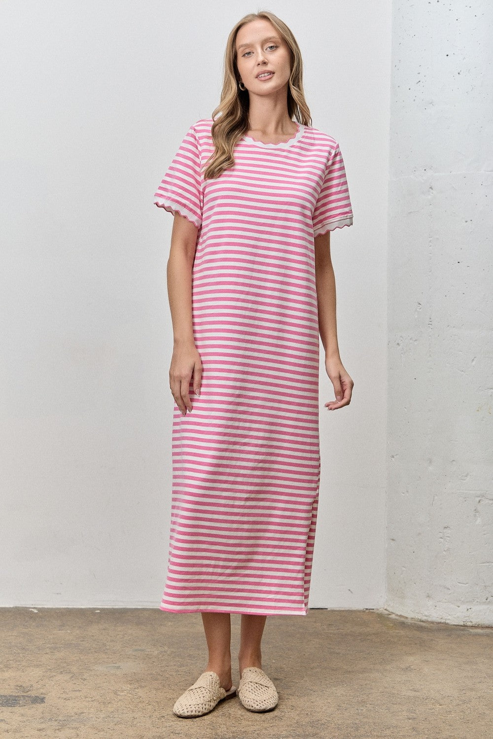 Striped Piper short sleeve midi dress by BAEVELY, featuring a casual style with a fitted waist and below-the-knee length.