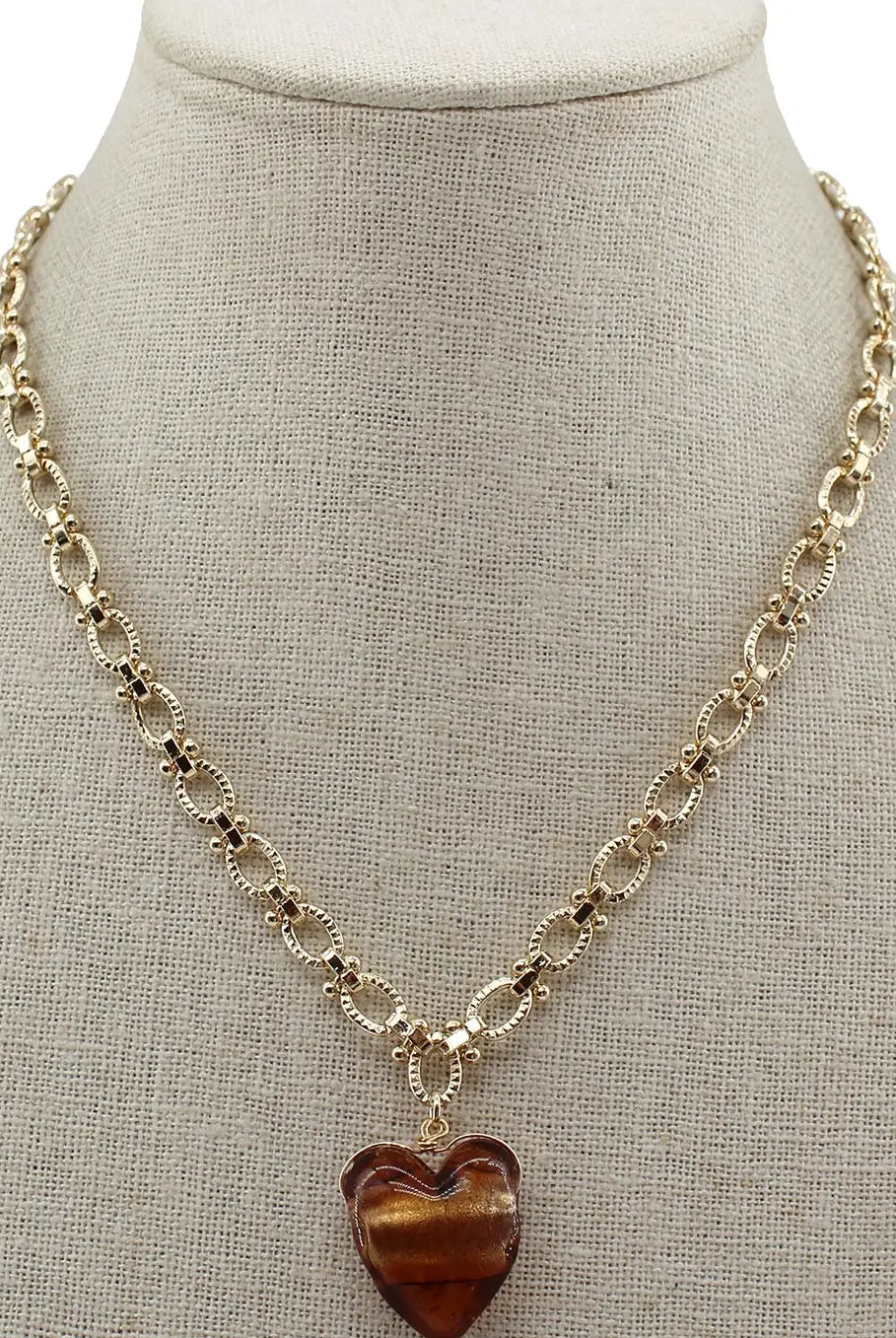 Gold Chain Necklace w/ Brown Acrylic Heart Charm - Be You Boutique