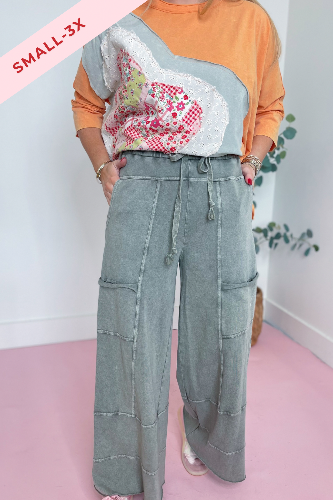 EASEL Bradley mineral washed terry knit wide-leg pants in neutral tones, showcasing relaxed fit and soft textured fabric.