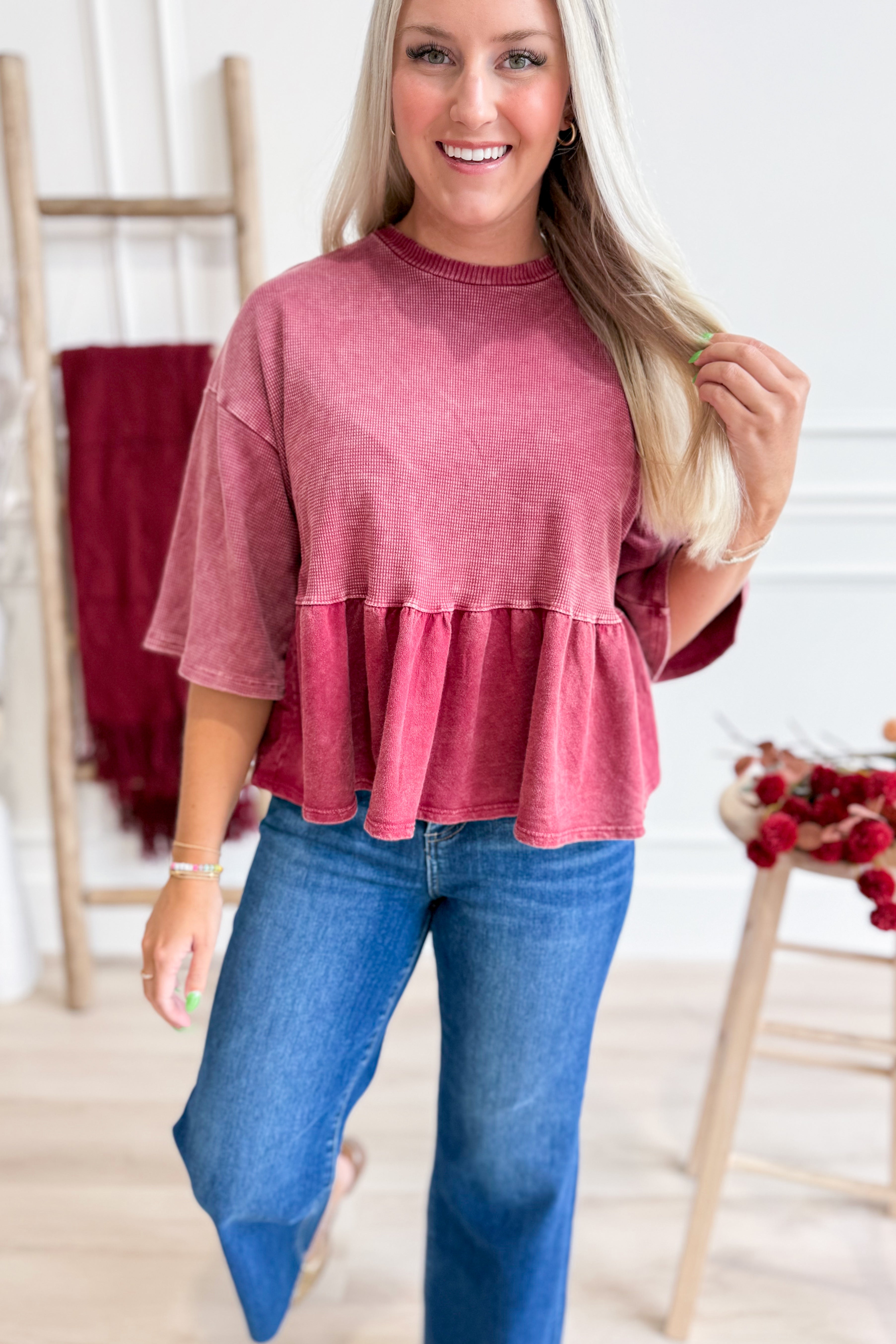 Mia Half Sleeve Mineral Washed Peplum Top - Be You Boutique