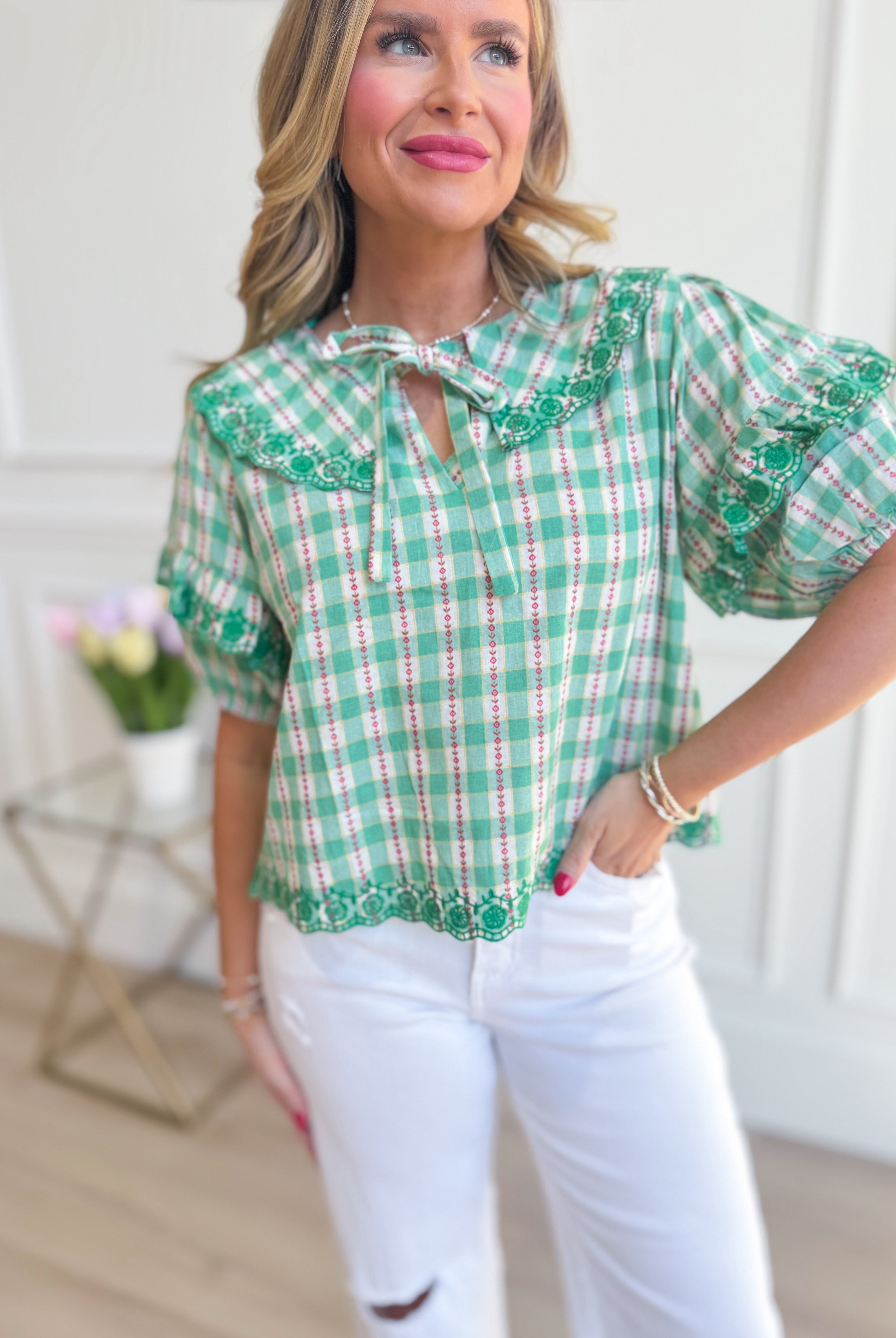 Lucy floral gingham embroidered collar top from &MERCI, a stylish dressy blouse with floral pattern and embroidered details.