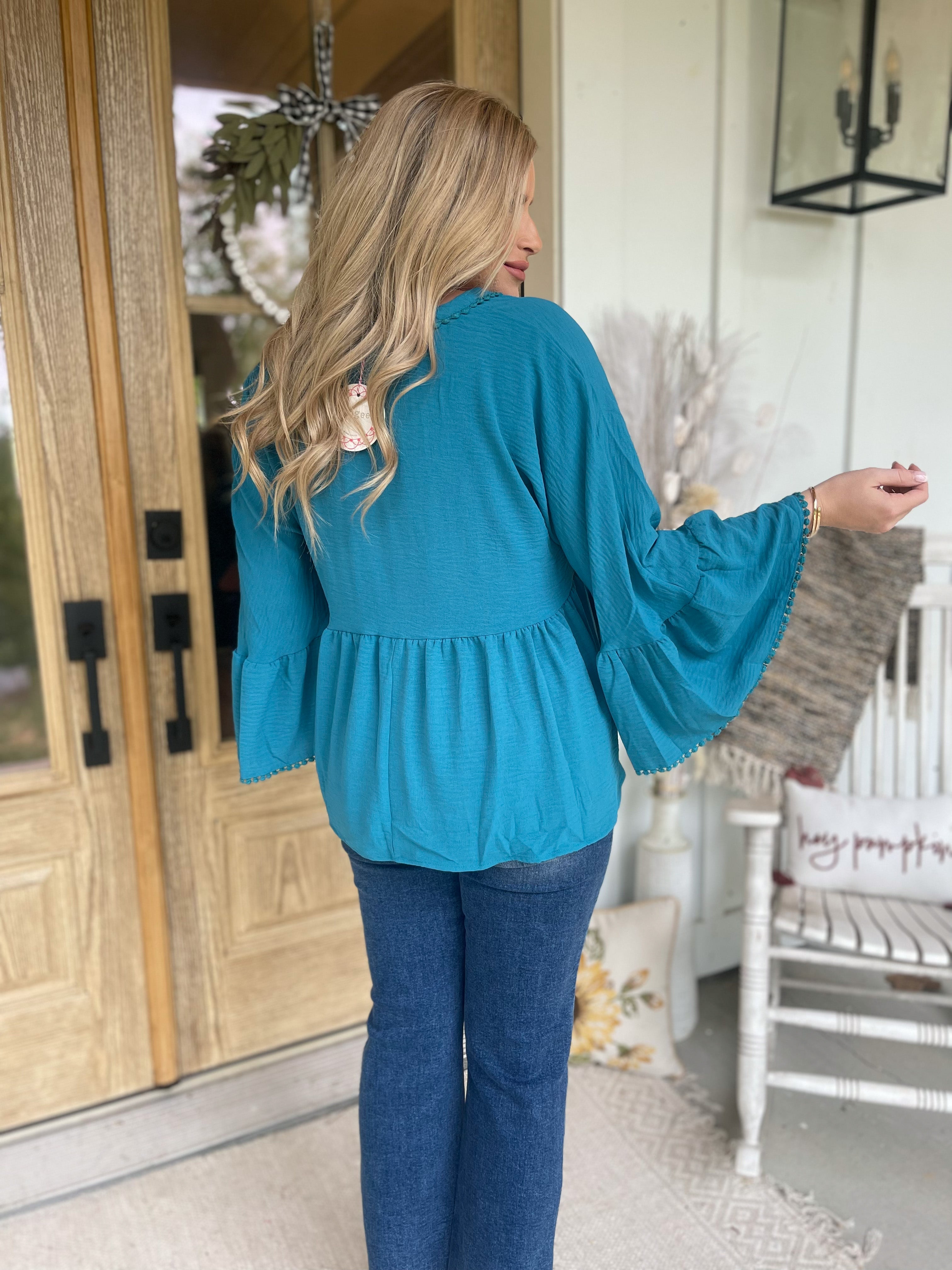 Tiana V Neckl Long Bell Sleeve Blouse Top - Be You Boutique