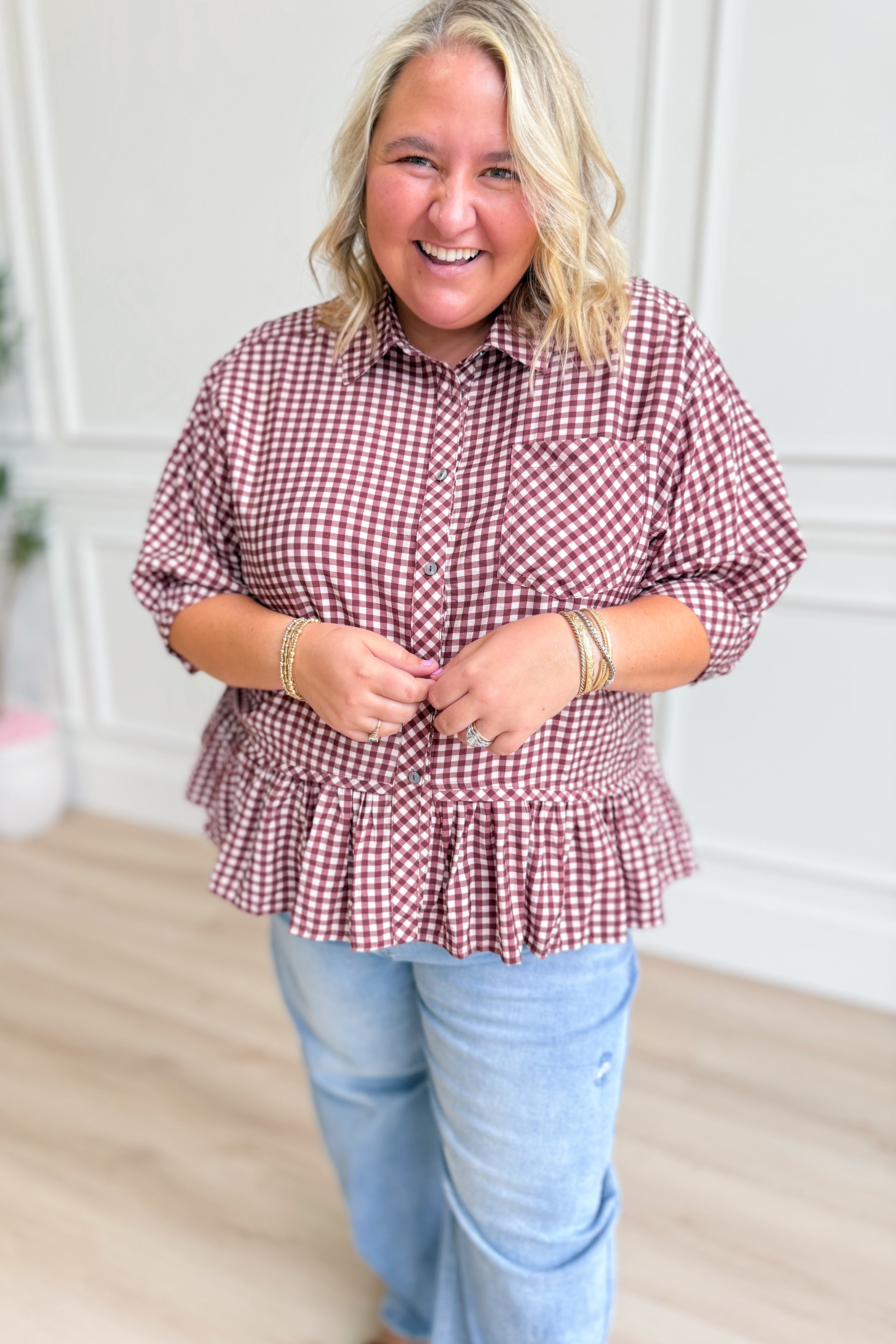 Ryan Gingham button-down top by ENTRO, a stylish dressy 110 top, with a classic collar and long sleeves, in a vibrant pattern.