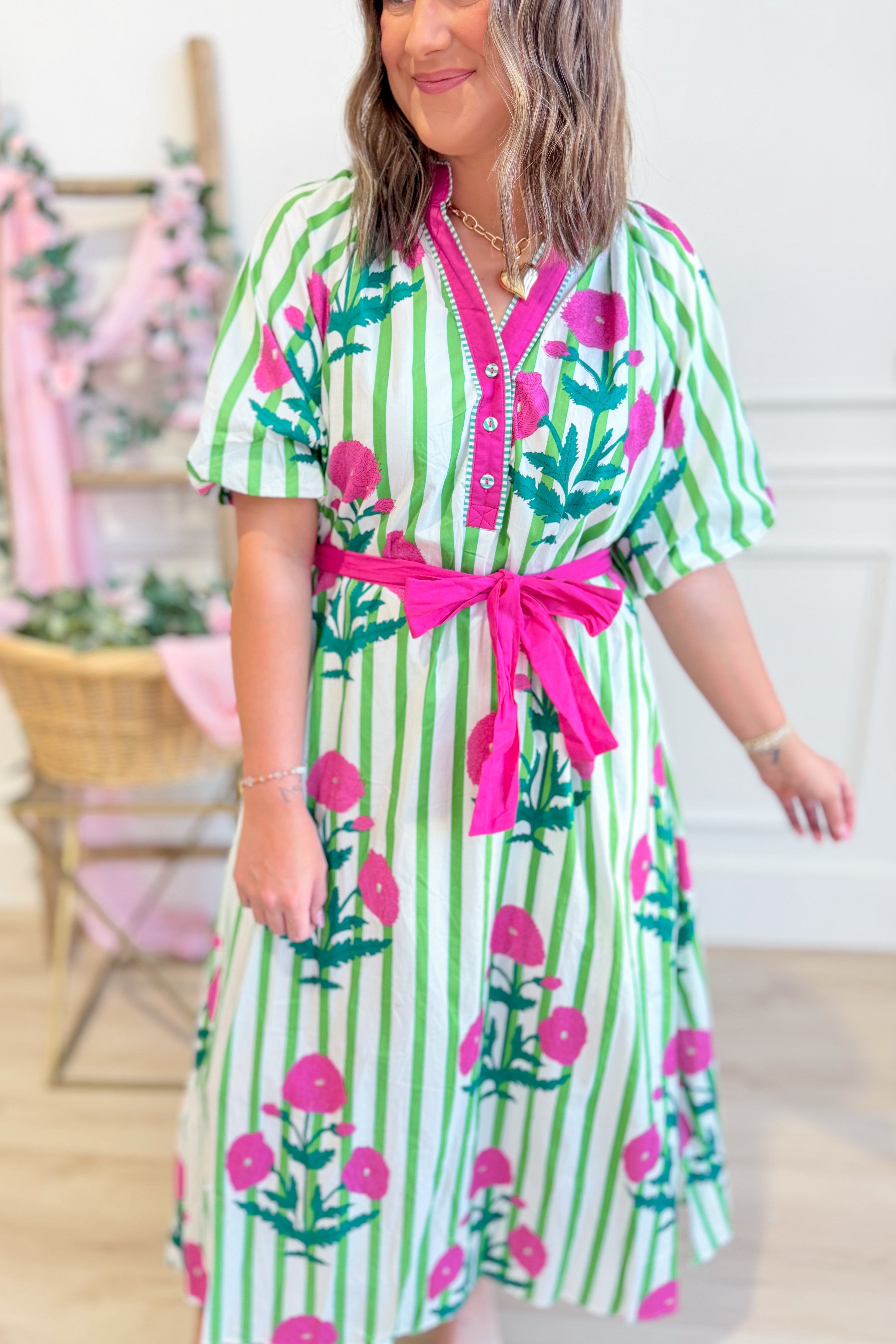 Lauren Striped Floral Pattern Midi Dress - Be You Boutique