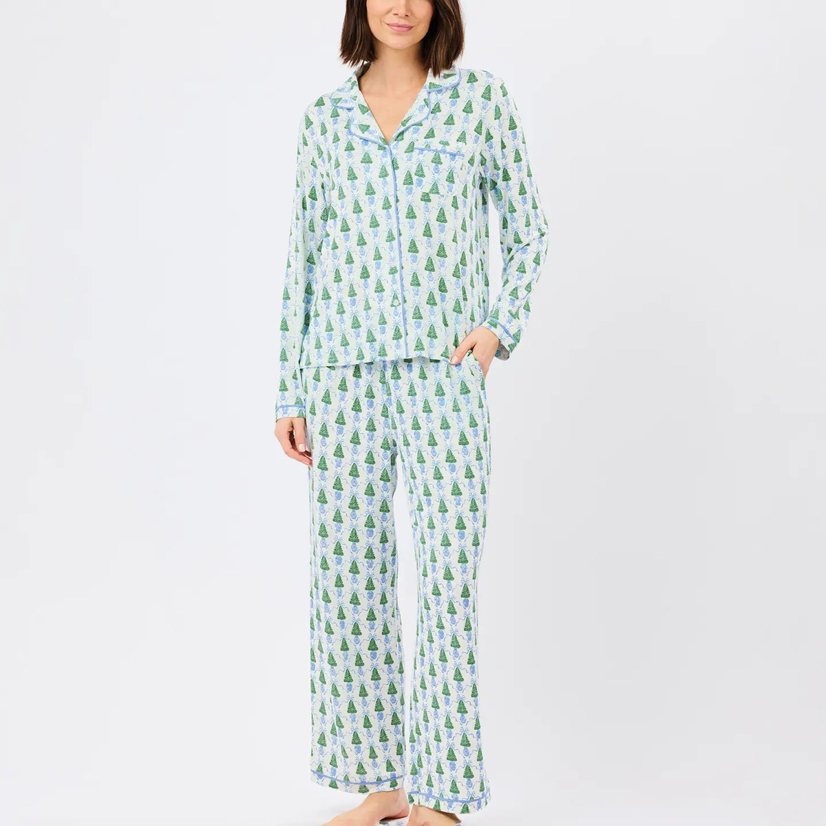 Mary Square Charlotte Tree Farm Winter Pines pajama set with 156 pants, featuring festive pine tree print, perfect for holiday cozy nights.