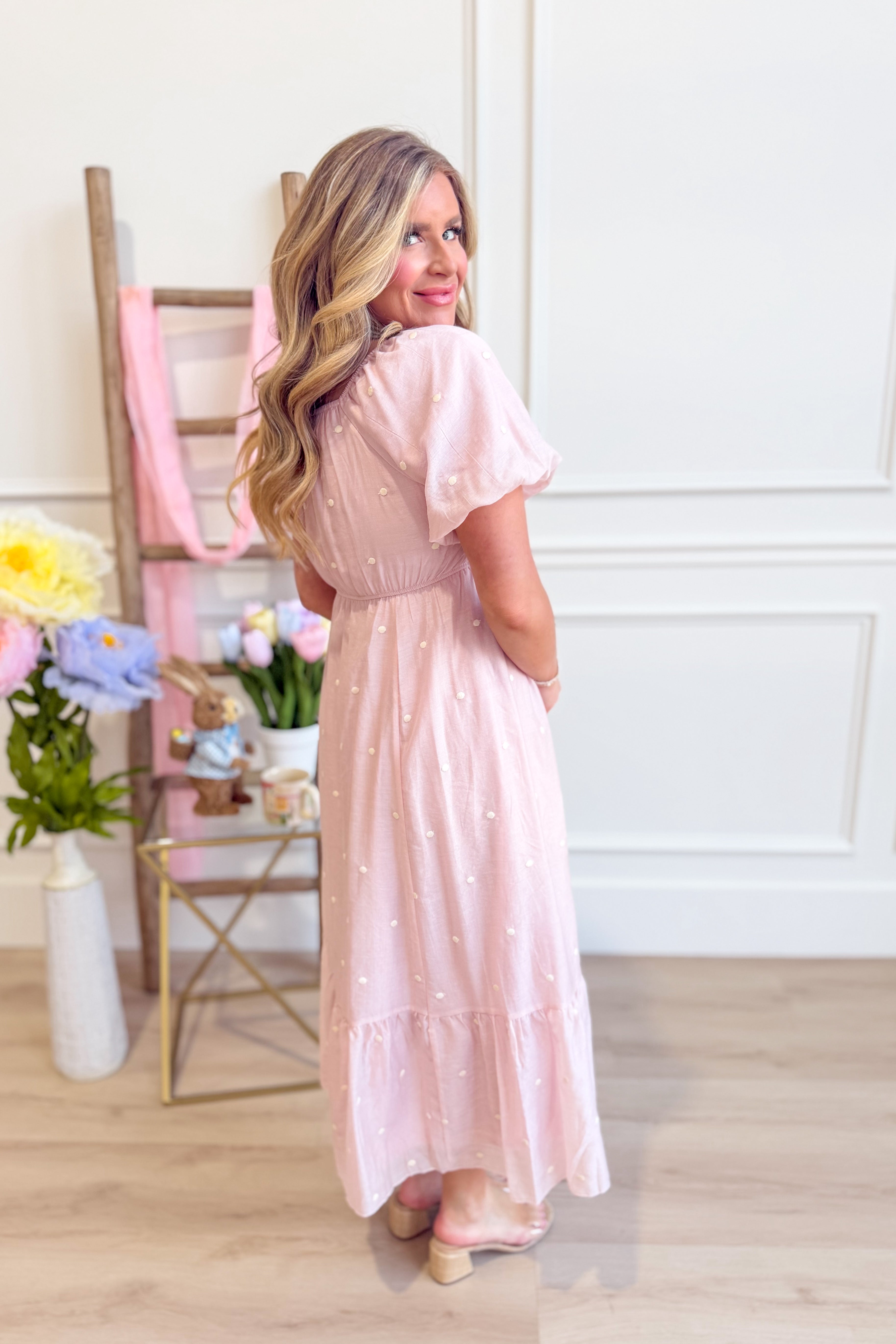 Pamela Blush Embroidered Dotted Dress - Be You Boutique