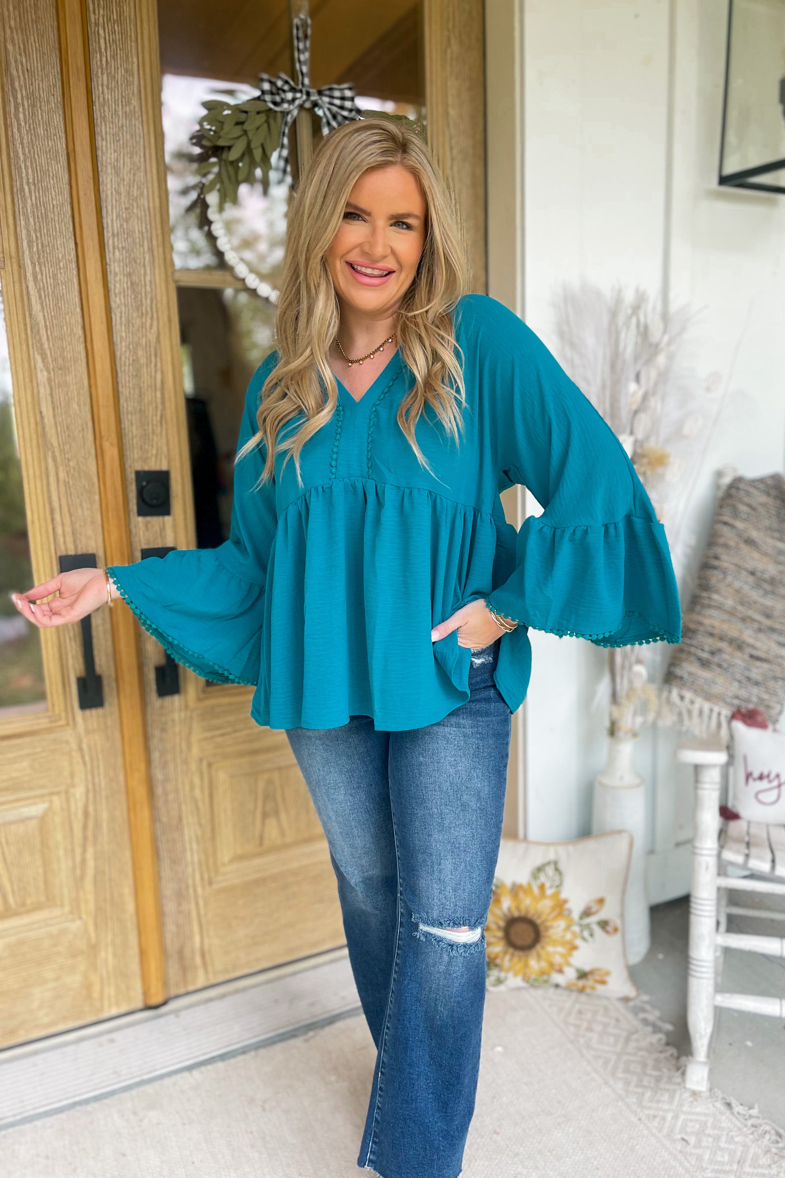 Tiana V Neckl Long Bell Sleeve Blouse Top - Be You Boutique