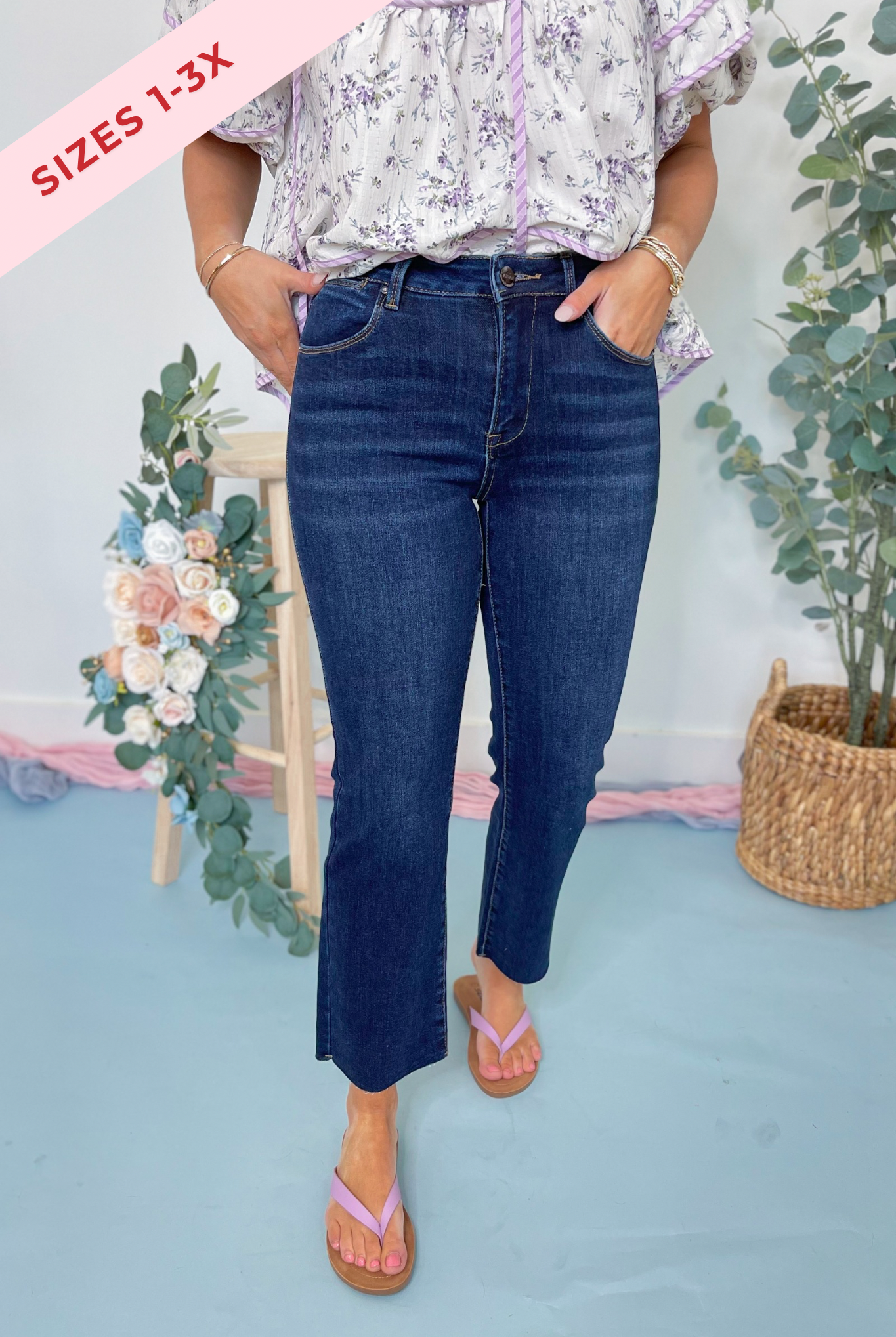 Risen John Mid Rise Straight Raw Edge Jeans in size 1-3X, showing classic denim with raw hem and straight fit on a model.