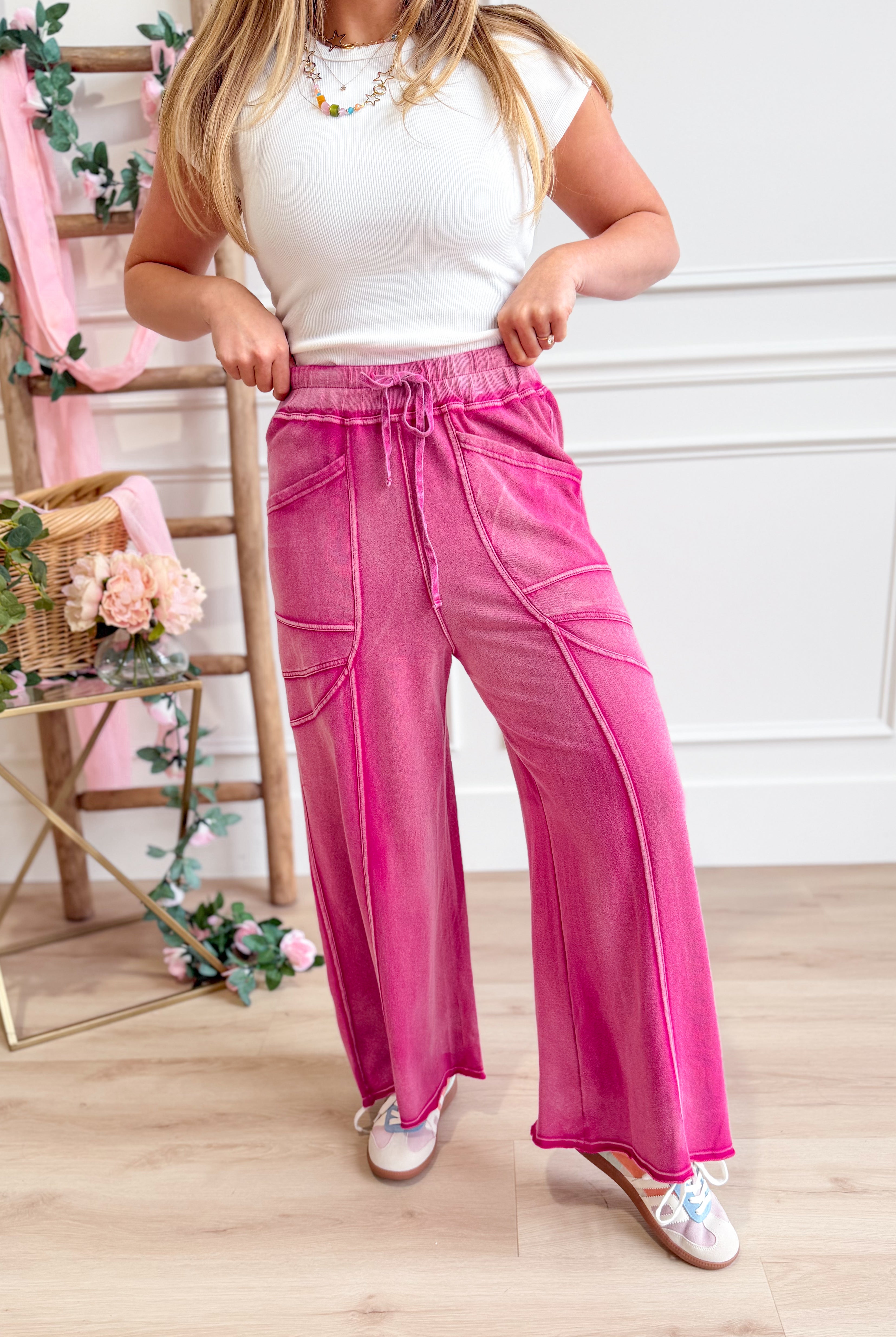 EASEL Luke Washed Terry Knit Wide Leg Pants in neutral fabric, featuring a relaxed fit and wide-leg silhouette.