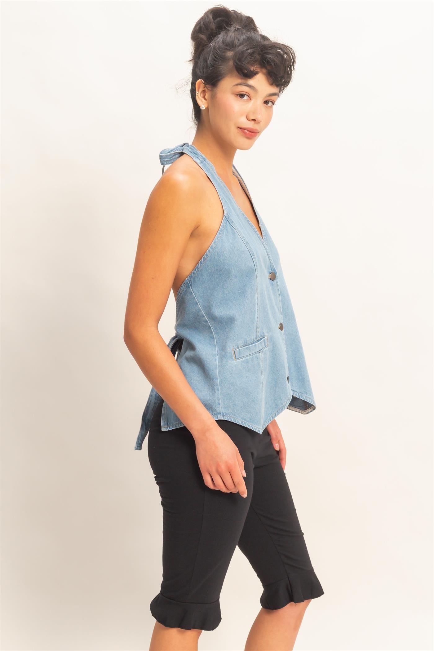 HYFVE Sophie Denim Halter Back Top from the 110 Dressy Tops collection, featuring a stylish denim design and halter back detail.