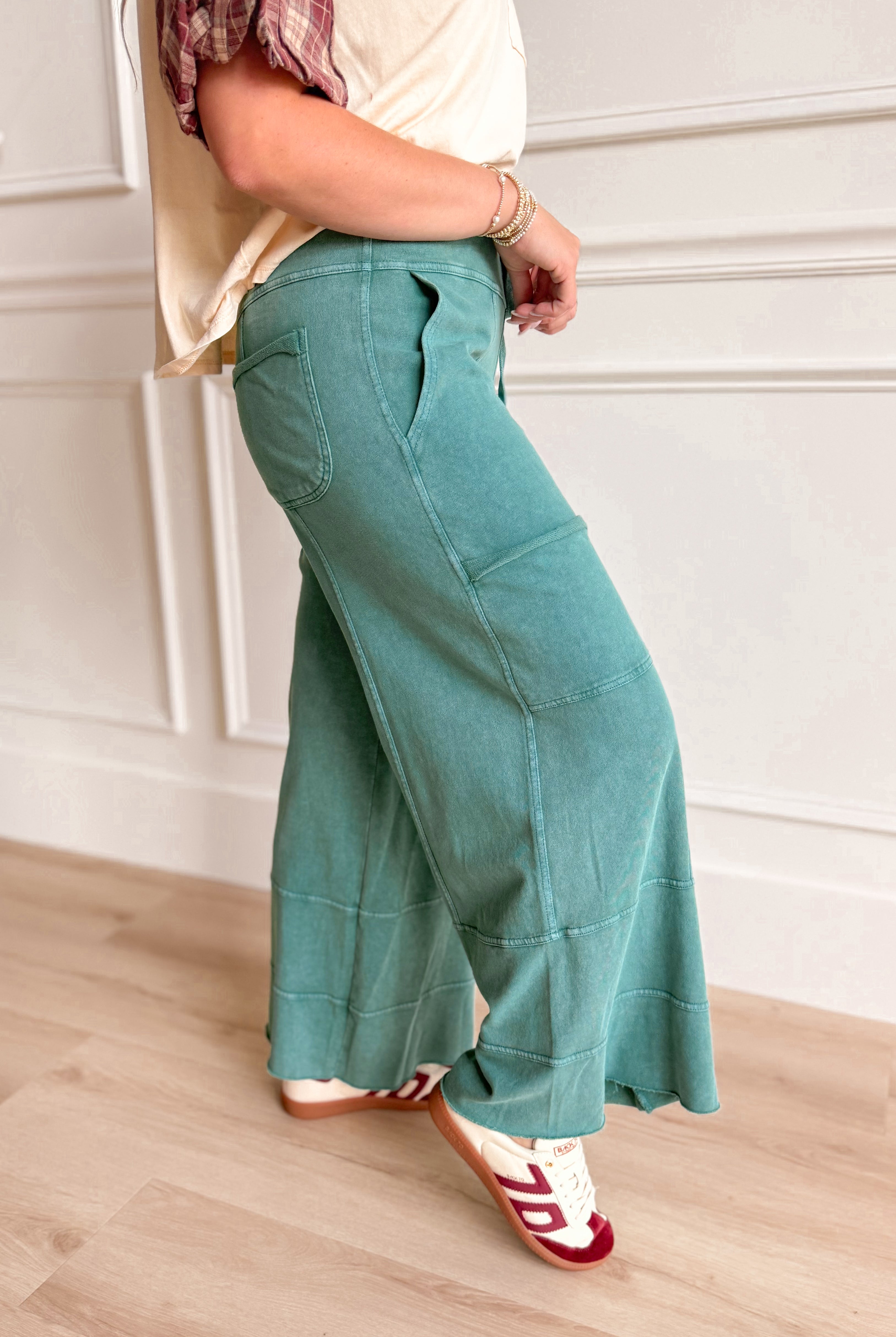 EASEL Bradley mineral washed terry knit wide-leg pants in a relaxed fit, shown hanging with a soft, textured fabric.