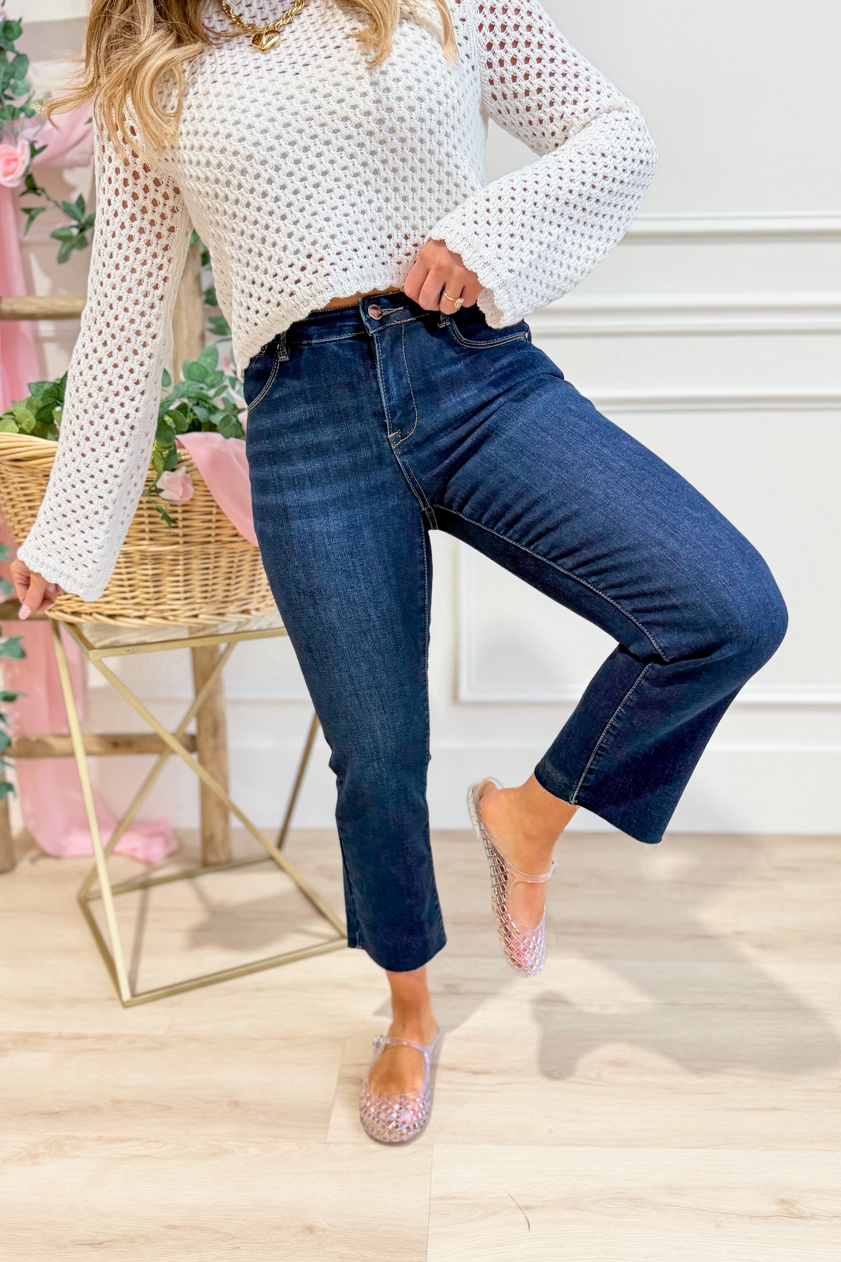 Risen John mid-rise straight raw edge jeans in 146 Core style, shown in dark denim with distressed raw hem detail.