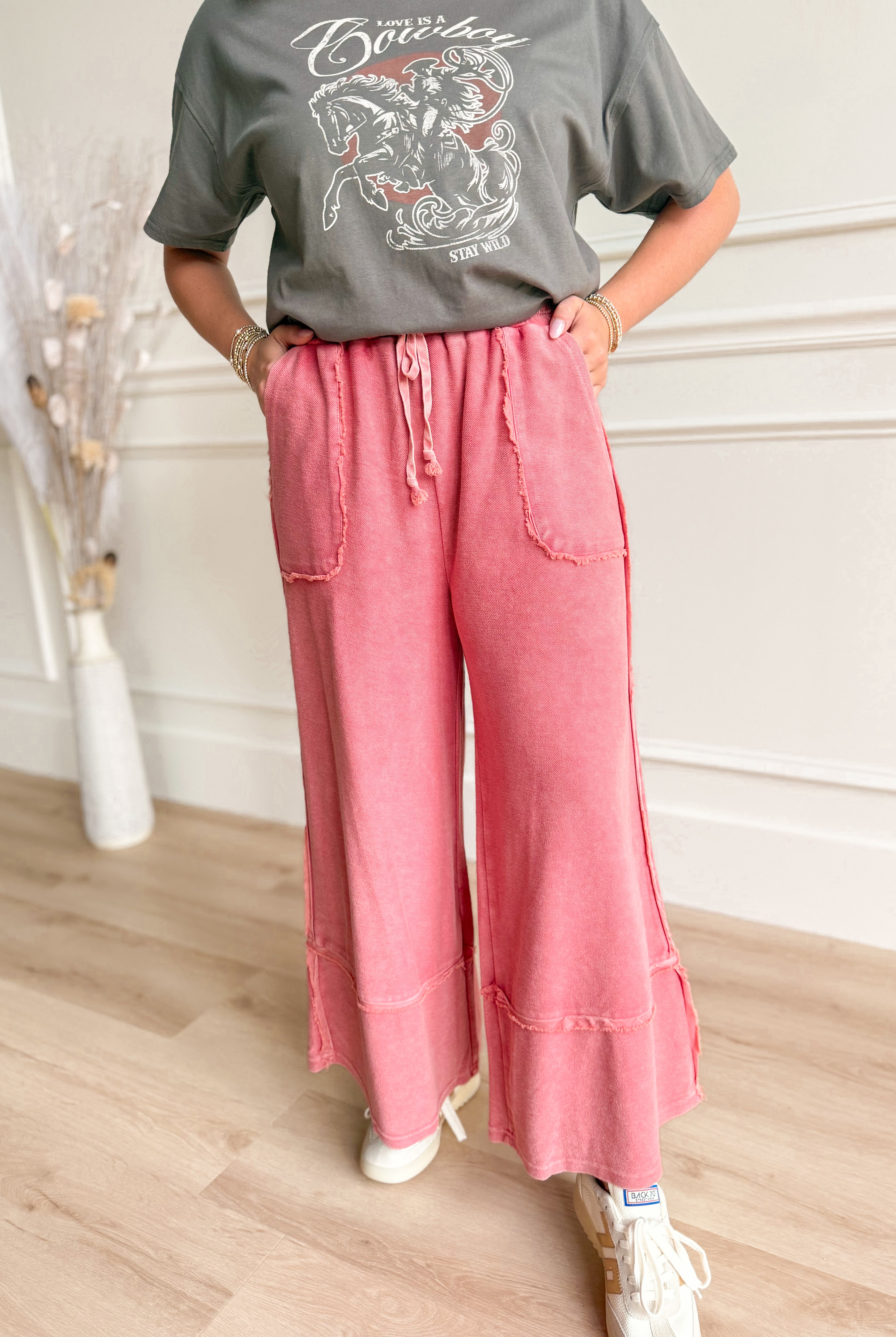 Caris Mineral Washed Upside Down Terry Knit Wide Leg Palazzo Pants - Be You Boutique