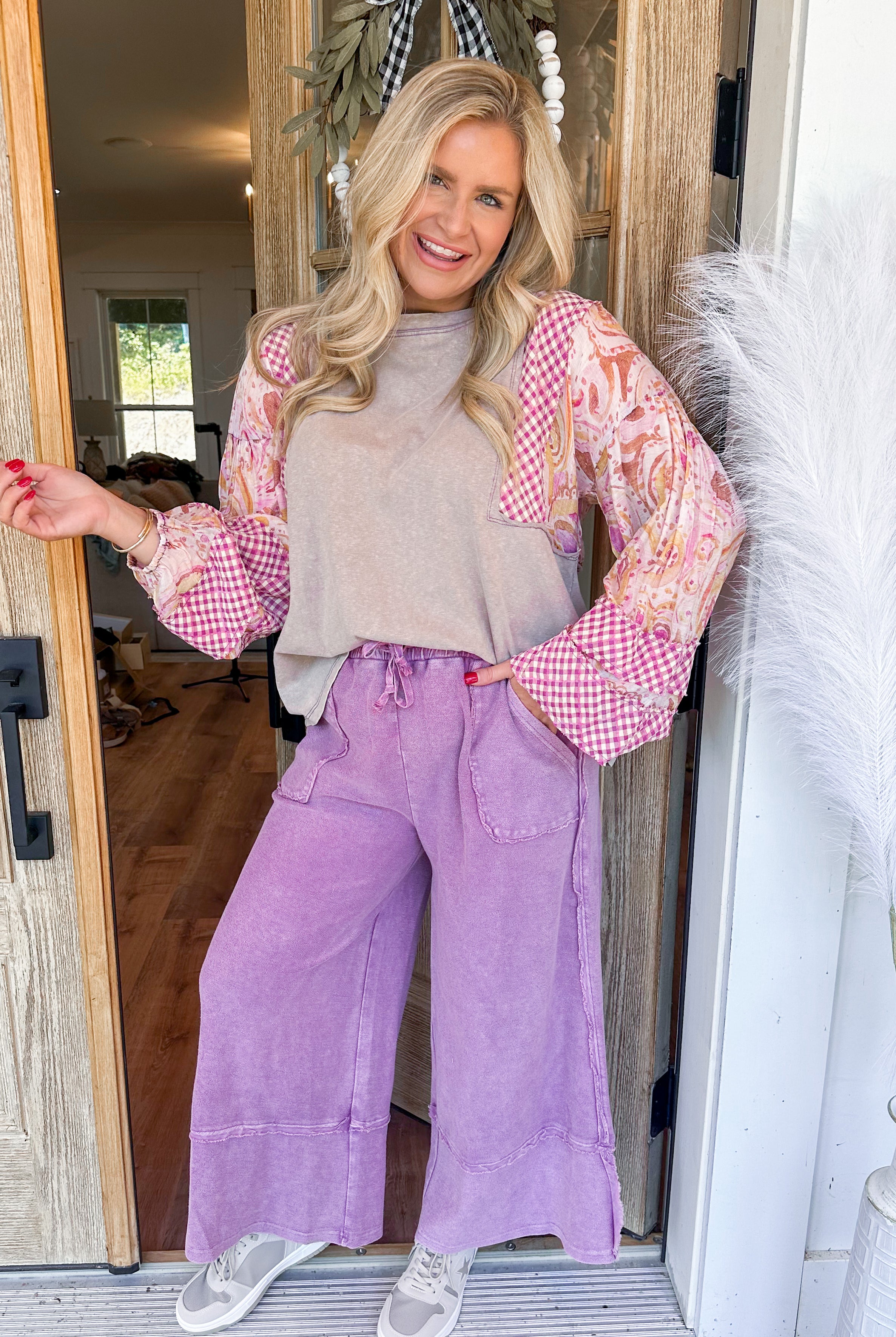 Caris Mineral Washed Upside Down Terry Knit Wide Leg Palazzo Pants - Be You Boutique