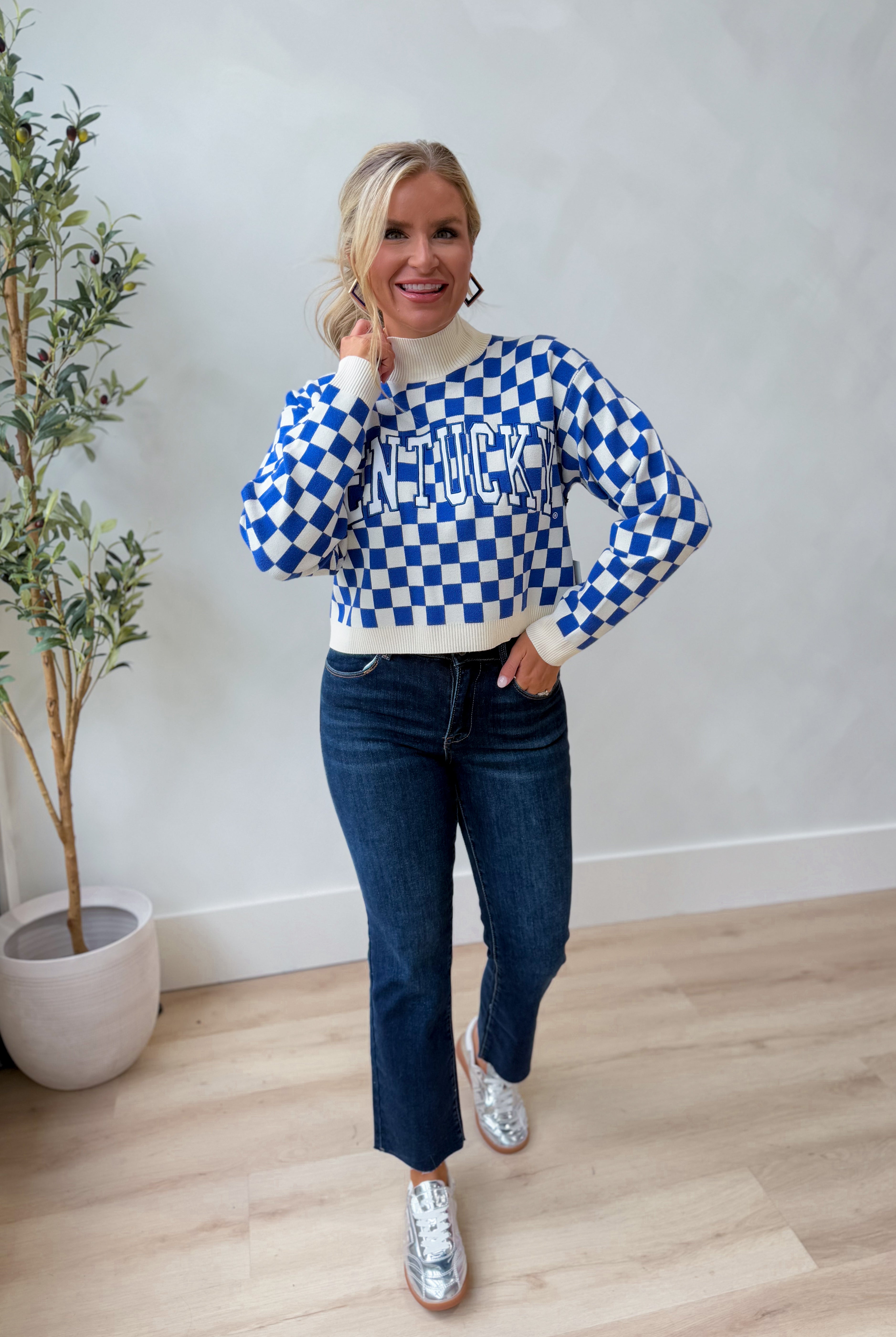 GameDay Social Checkered Kentucky Mock Neck Sweater - Be You Boutique