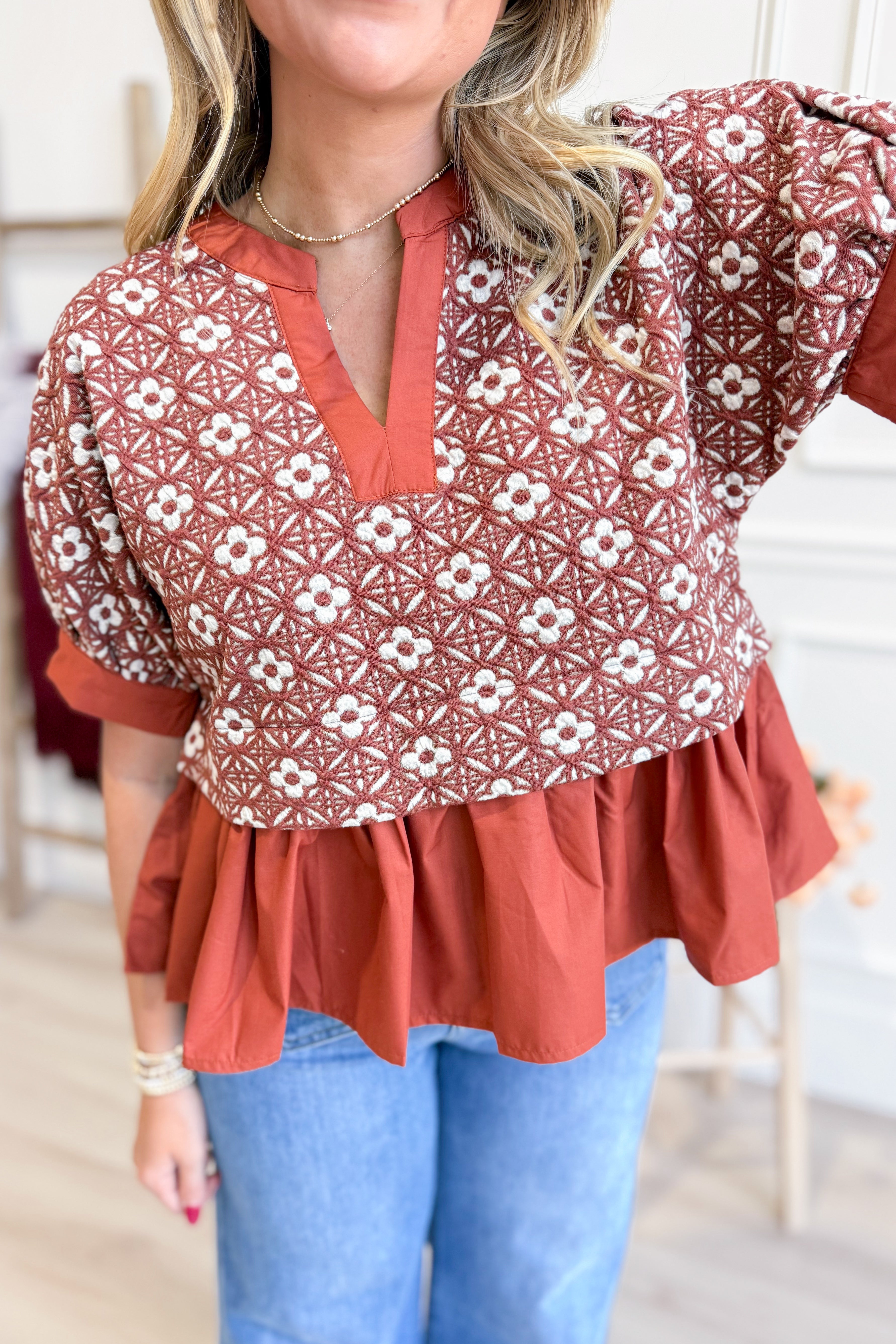 Francine Floral Jacquard Ruffle Hem Top - Be You Boutique