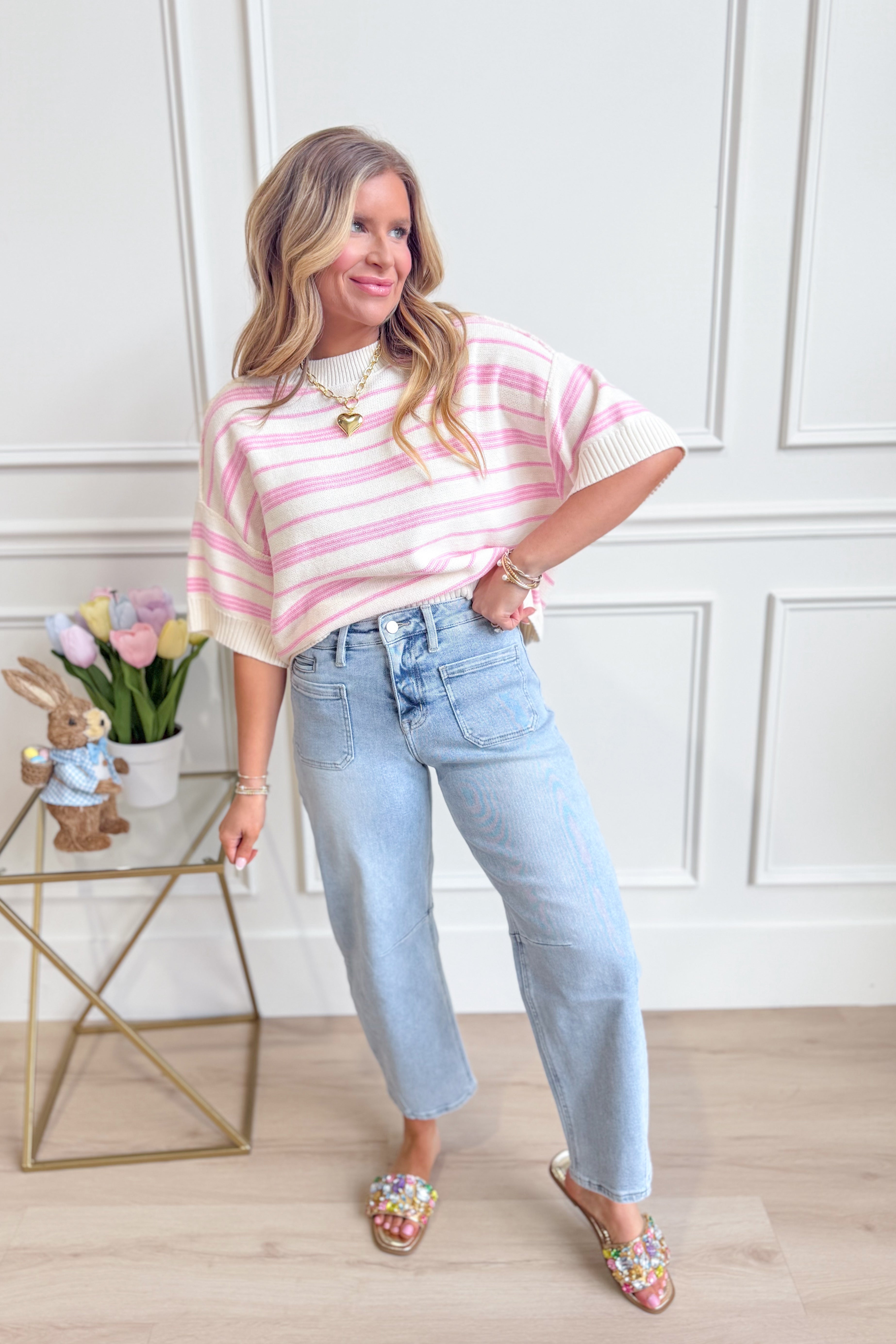 Callie Striped Half Sleeve Knitted Top - Be You Boutique