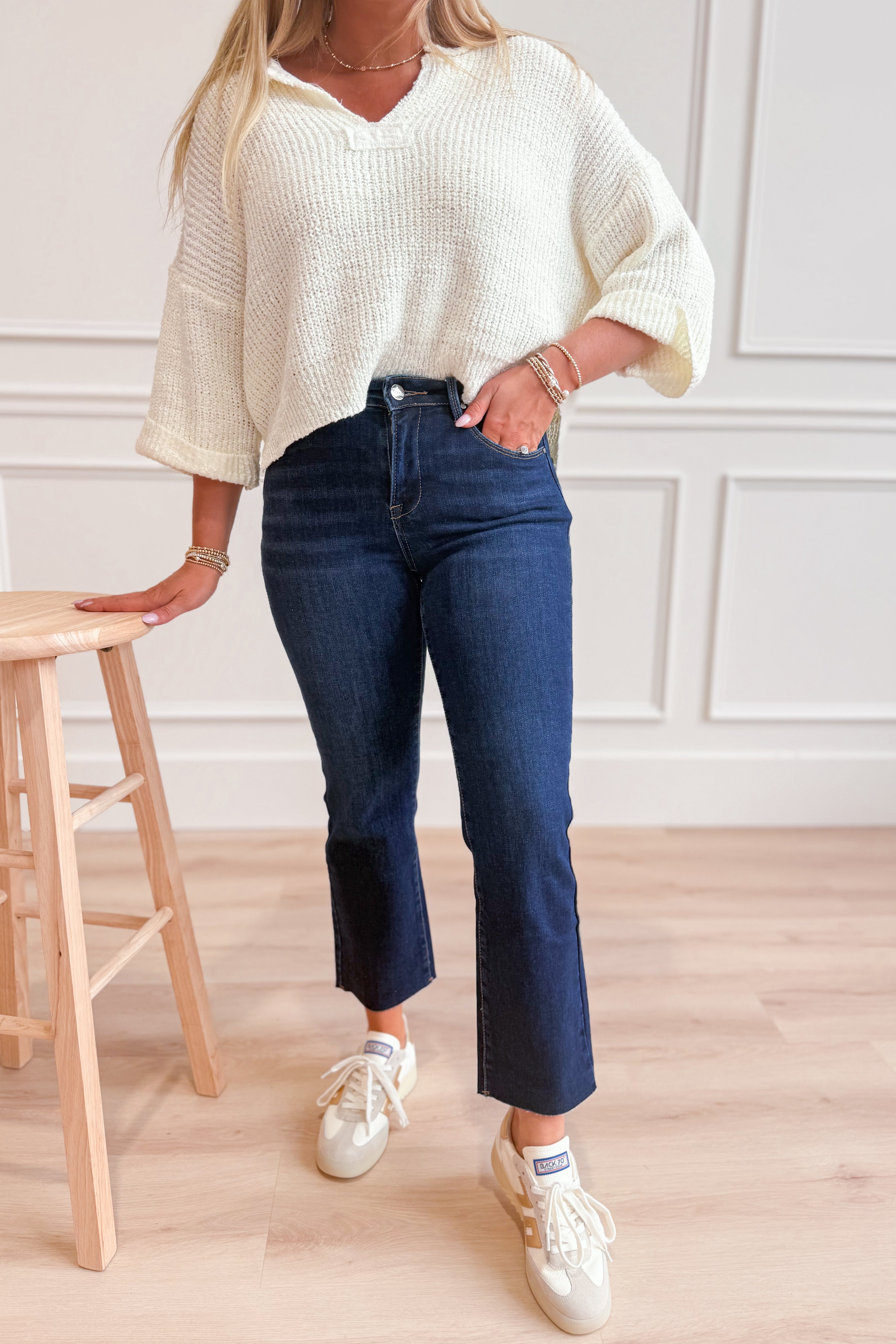 Risen John Mid Rise Straight Raw Edge Jeans in dark wash, showcasing raw hem and classic five-pocket design.