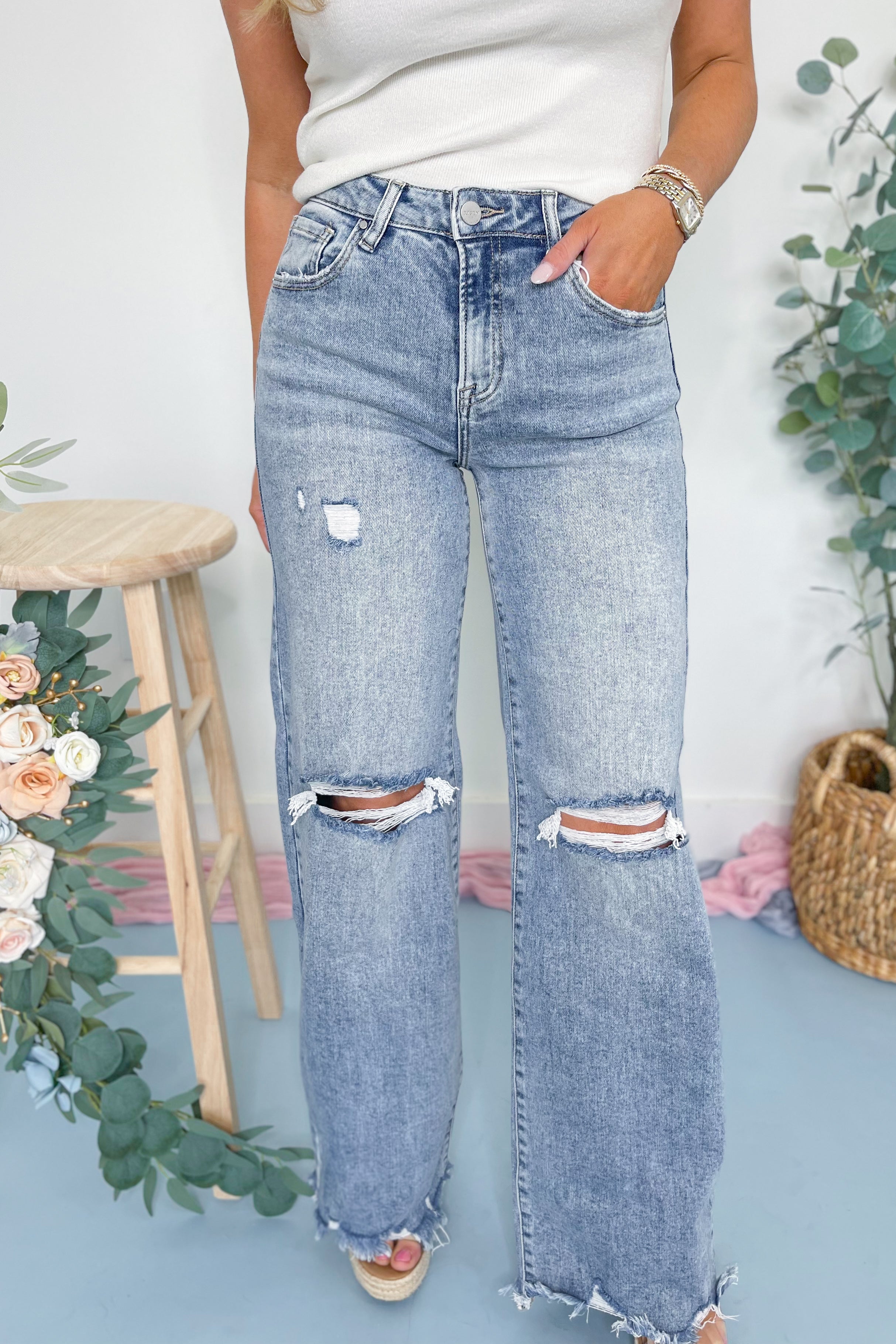 Risen Remi high rise wide leg denim jeans in dark wash with 146 core style, shown on model from waist to ankles.