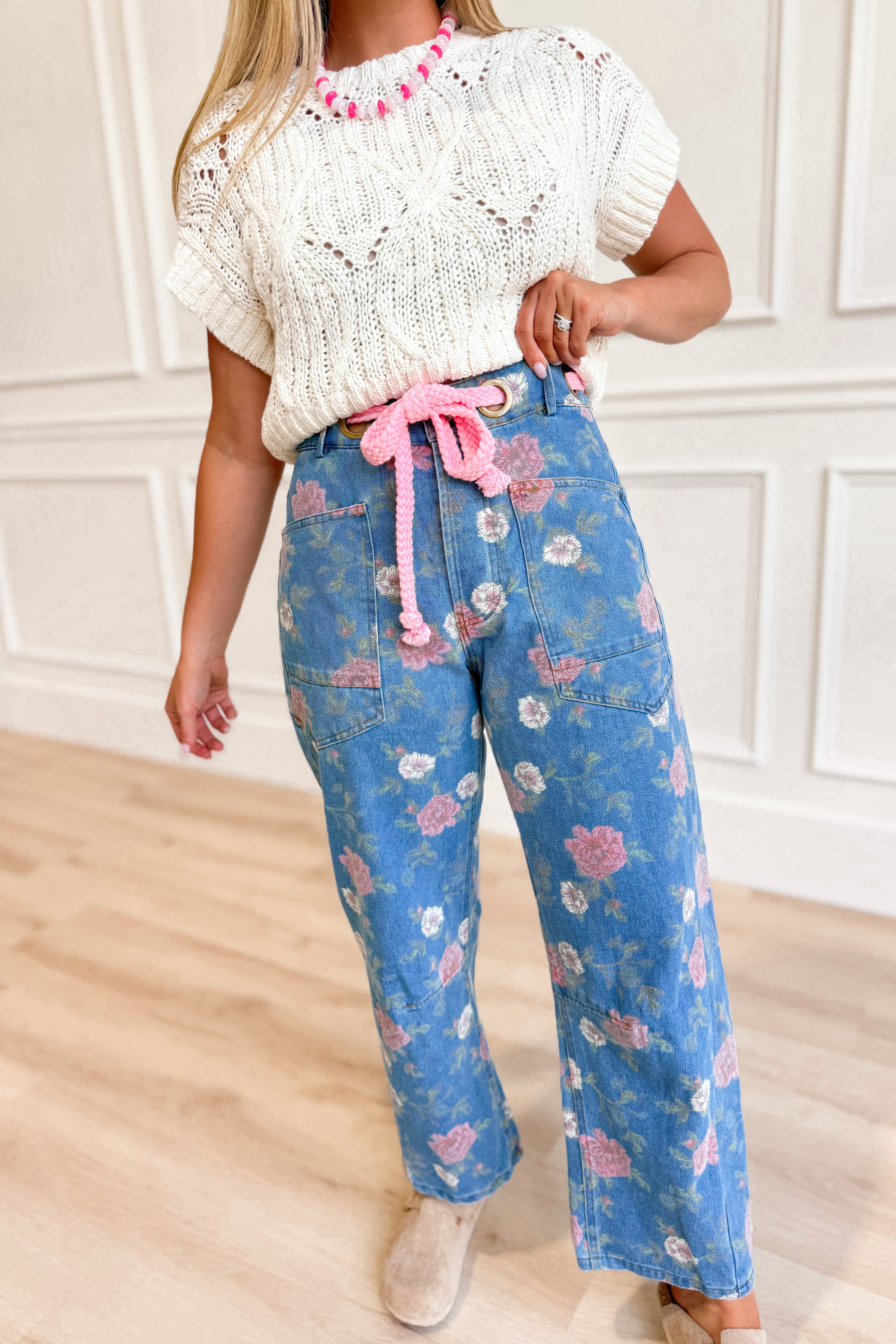 Scarlet Floral Rope Tie Barrel Jean - Be You Boutique