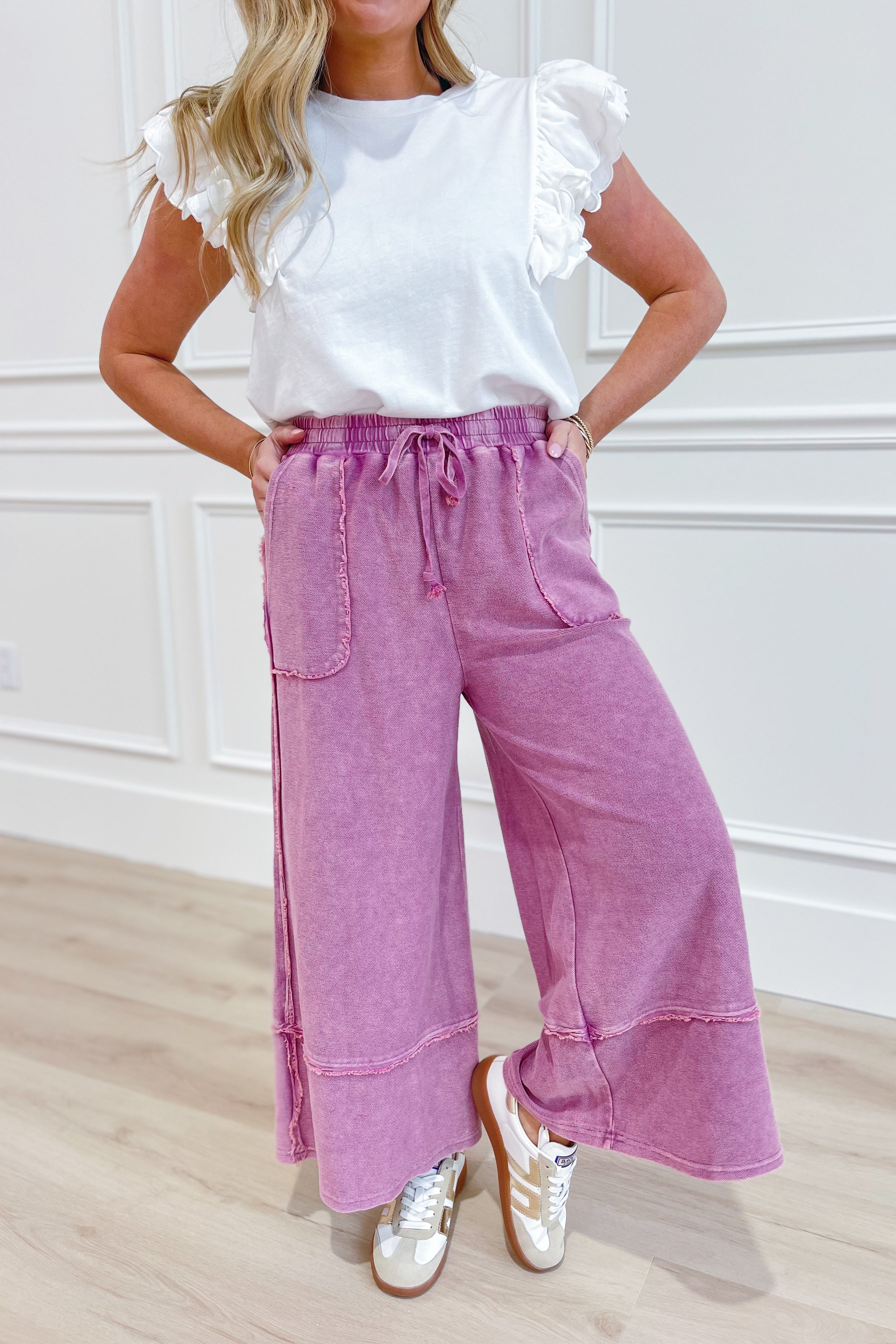 EASEL Caris Mineral Washed Terry Knit Wide Leg Palazzo Pants in assorted sizes, featuring a relaxed fit and wide-leg design.