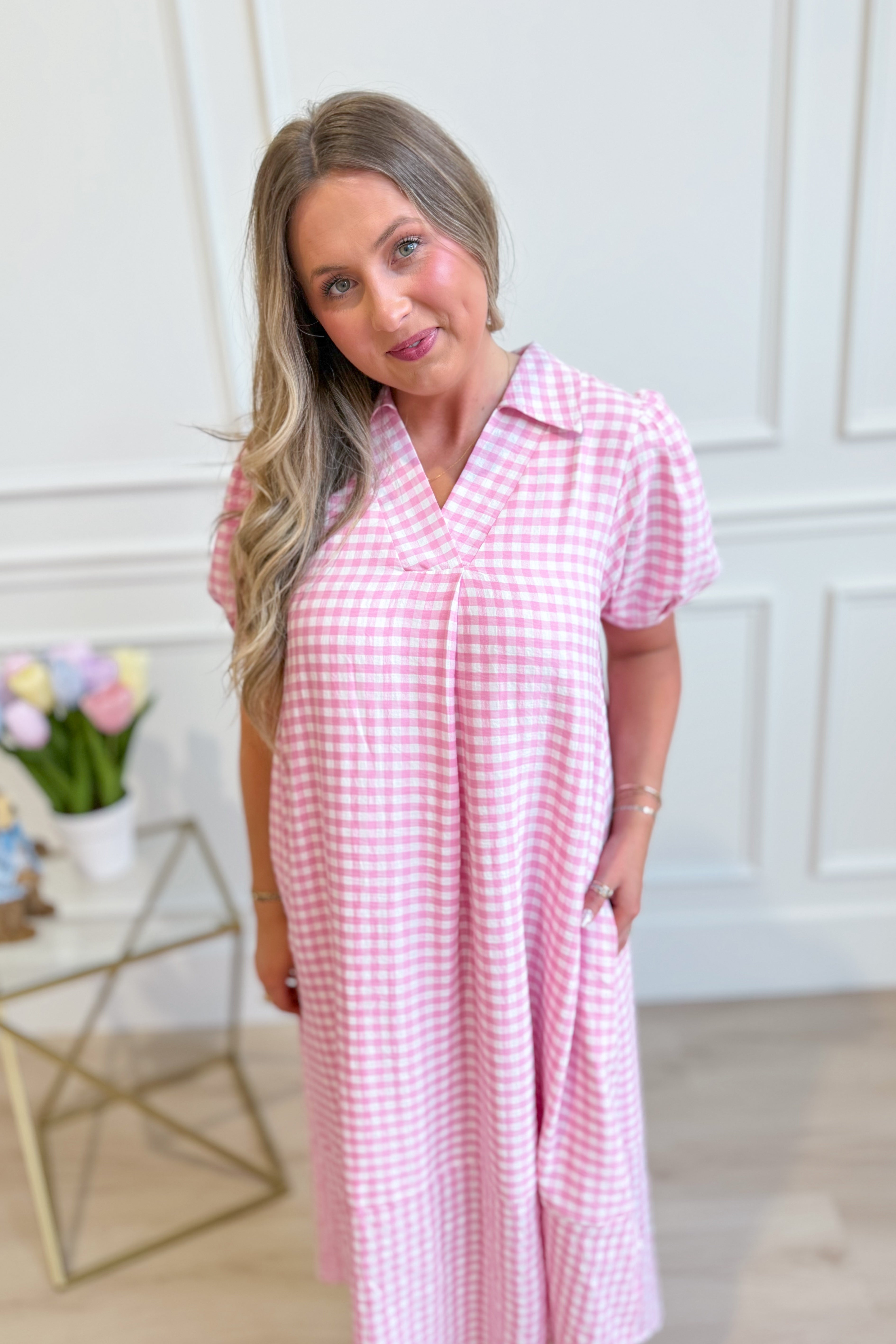 UMGEE USA Tonya plaid printed midi dress with long sleeves and a fitted waist, perfect for dressy occasions.