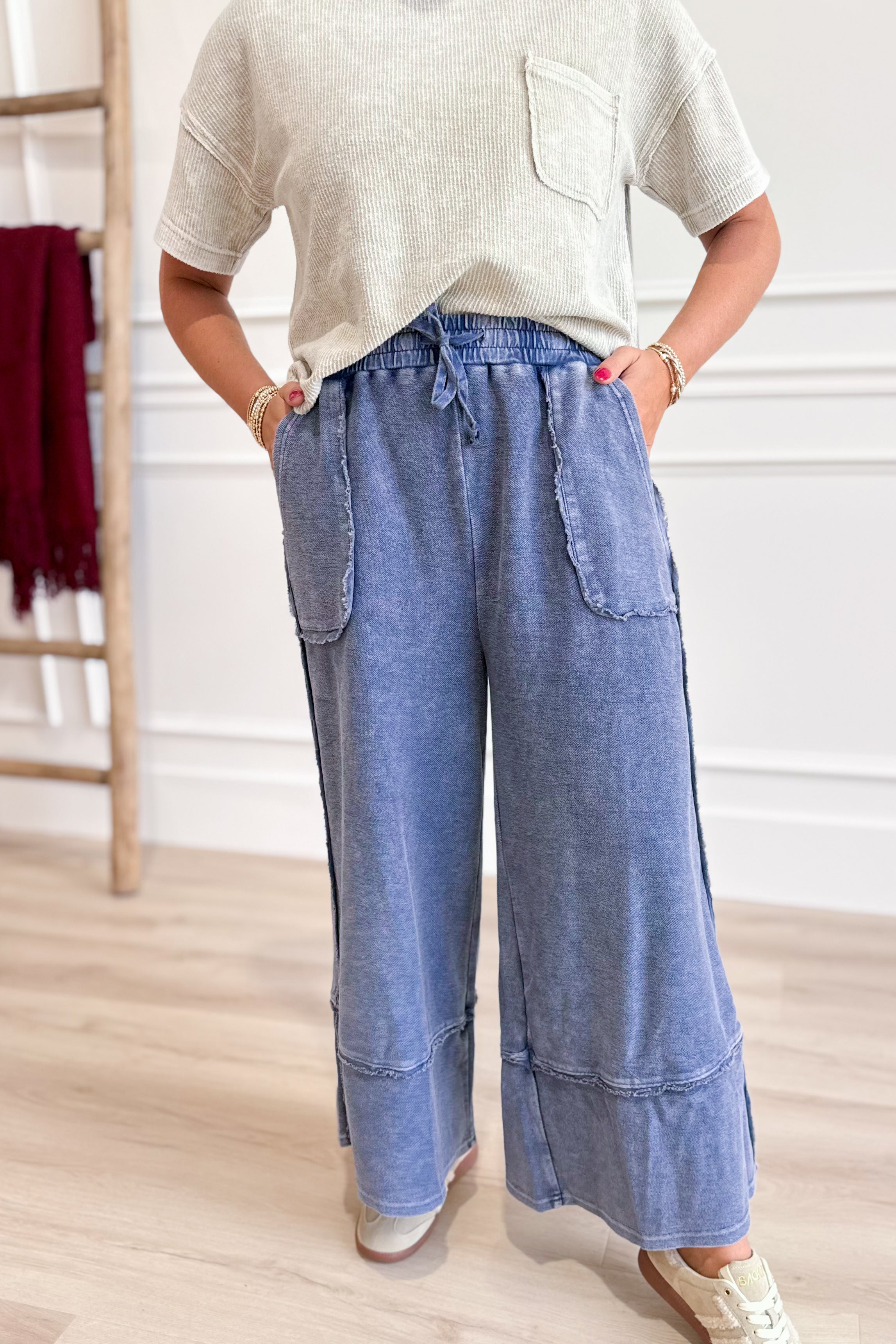 Caris Mineral Washed Upside Down Terry Knit Wide Leg Palazzo Pants - Be You Boutique