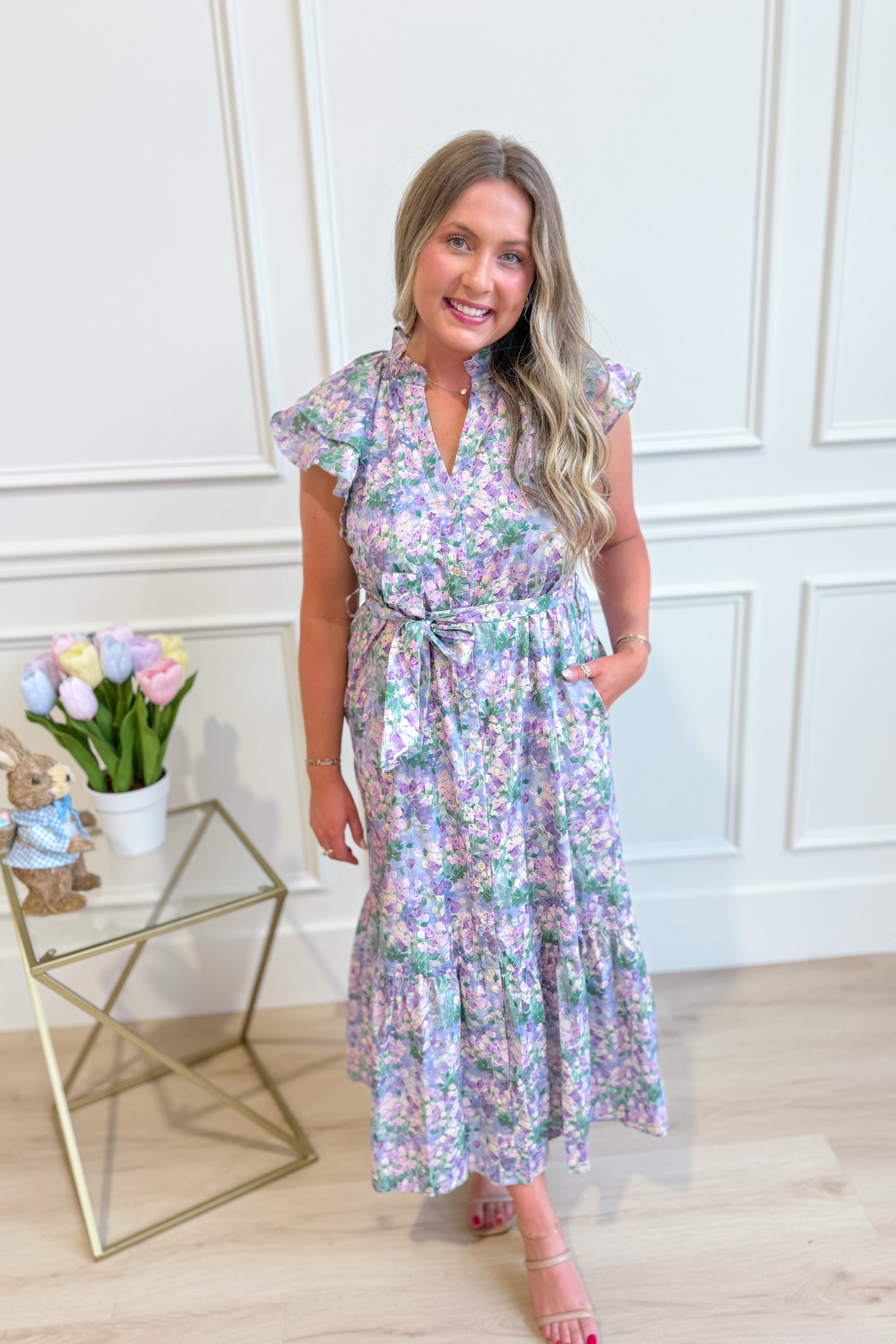 ENTRO Owen floral printed tie waist midi dress, stylish dressy dress with a flowy midi length and vibrant floral pattern.