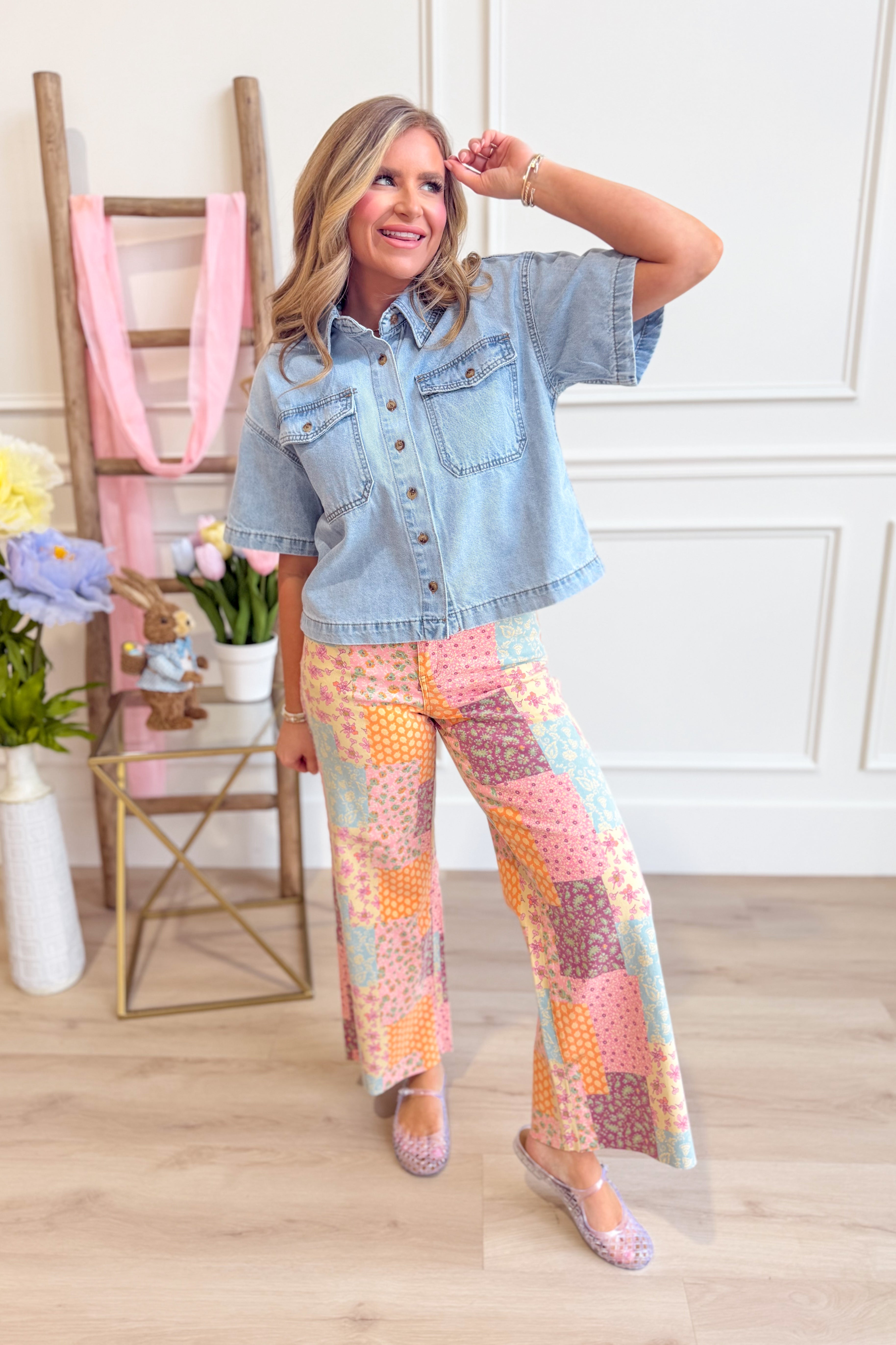 EASEL Cori Multi Pattern Wide Leg Pants from 147 Novelty Jeans, featuring vibrant, colorful patterns and wide-leg style.