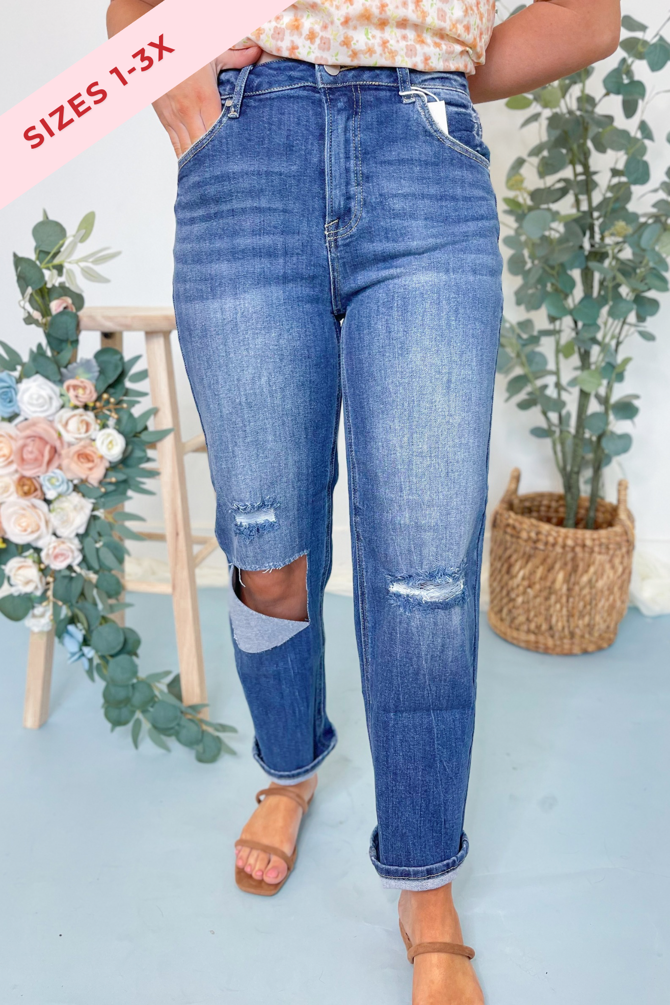 Risen Kendra high-rise distressed relaxed fit 146 core jeans with ripped details and faded wash, front view.