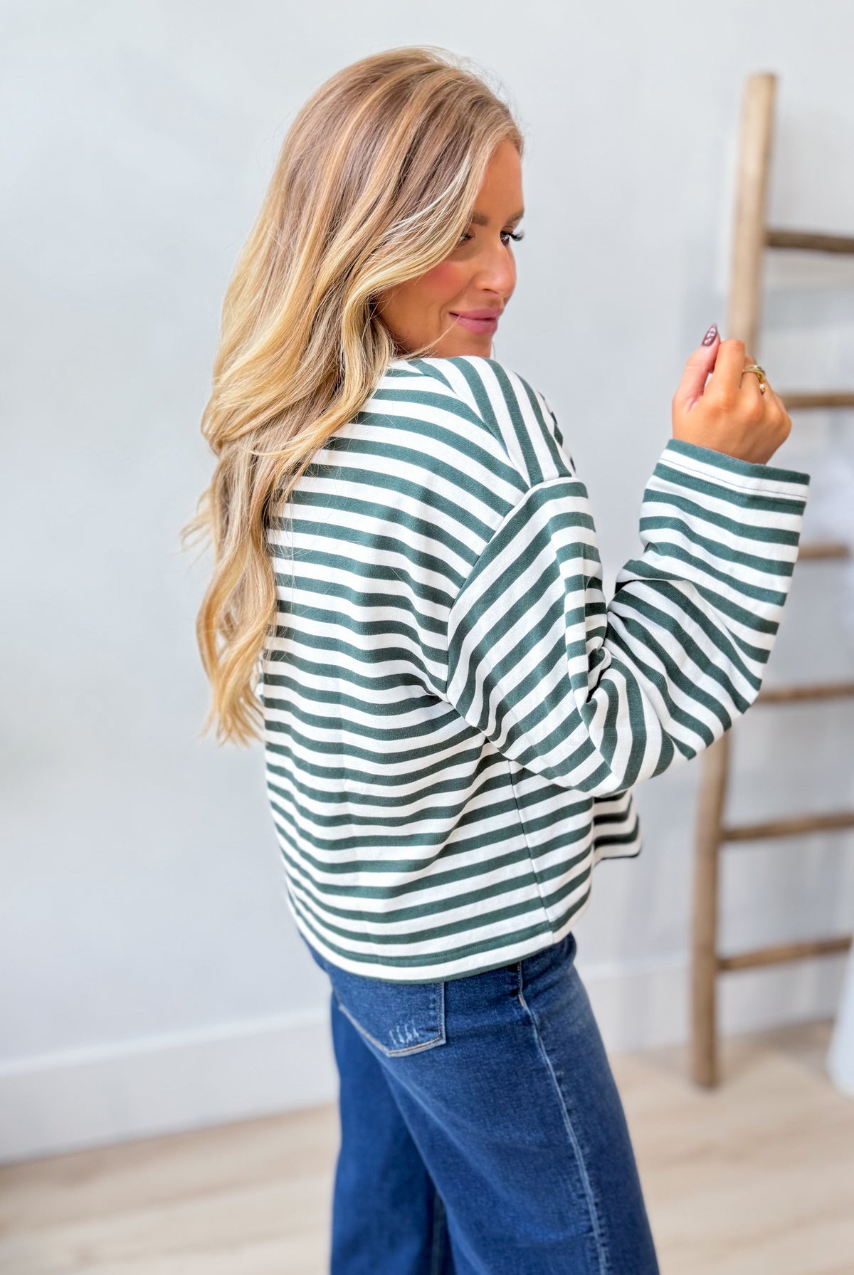 BLU PEPPER Timmy Hunter green long sleeve color block casual top with contrasting panels, perfect for everyday wear.