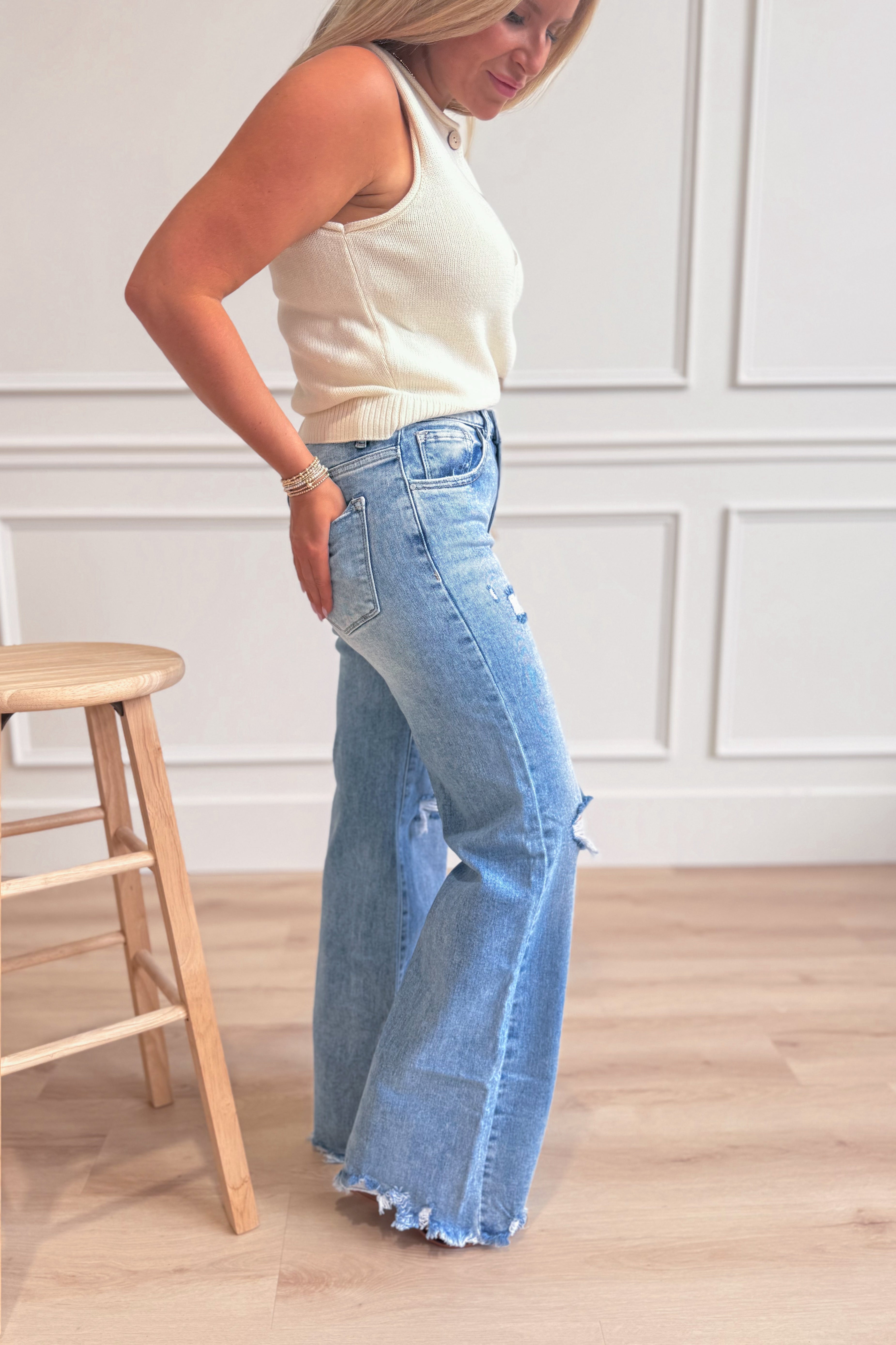Risen Remi high rise wide leg denim jeans in dark wash, size 1XL to 3XL, featuring classic five-pocket design and relaxed fit.