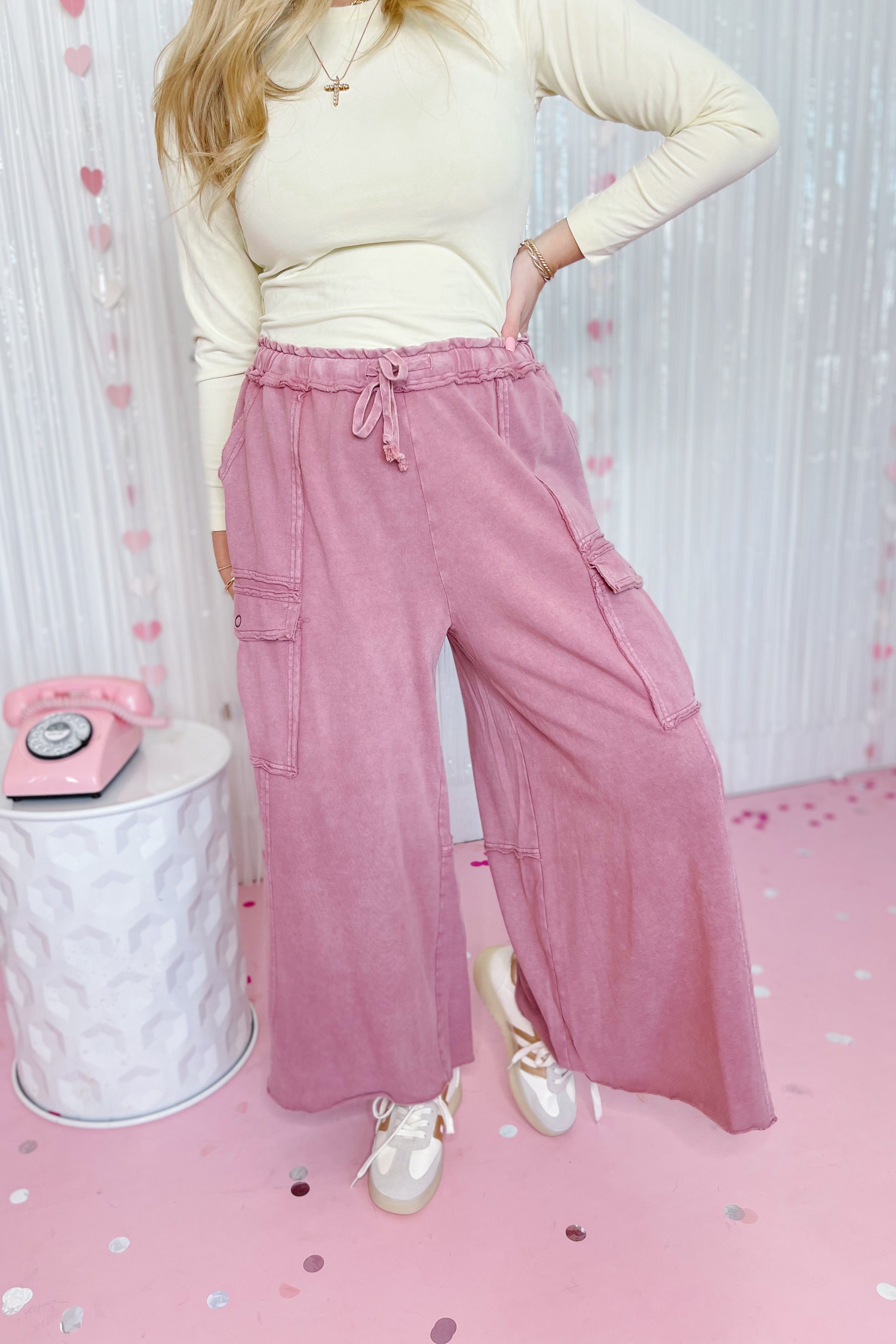 EASEL Mateo Mineral Washed Wide Leg Cargo Pants in earthy tone, relaxed fit, with large side pockets, displayed flat.