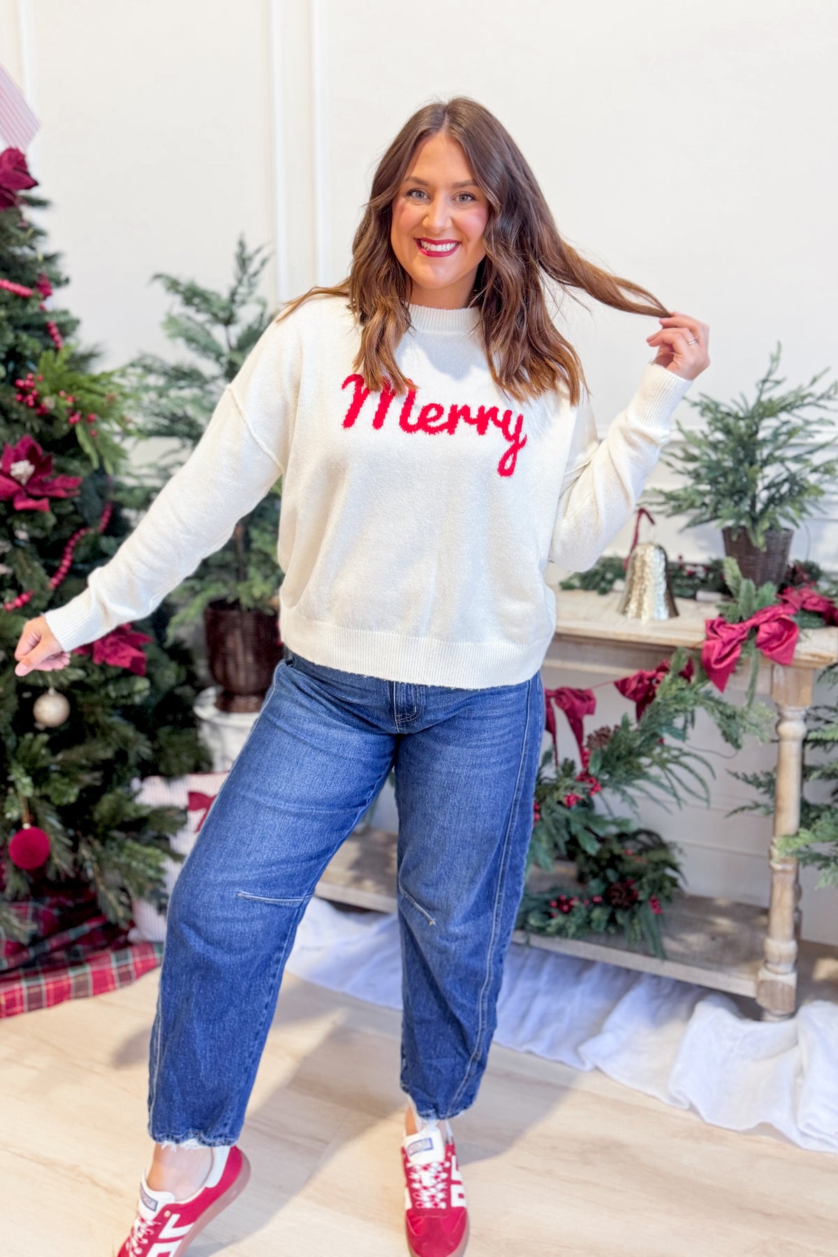 Wishlist Lottie Merry cursive holiday sweater, cozy knit design with festive text lettering