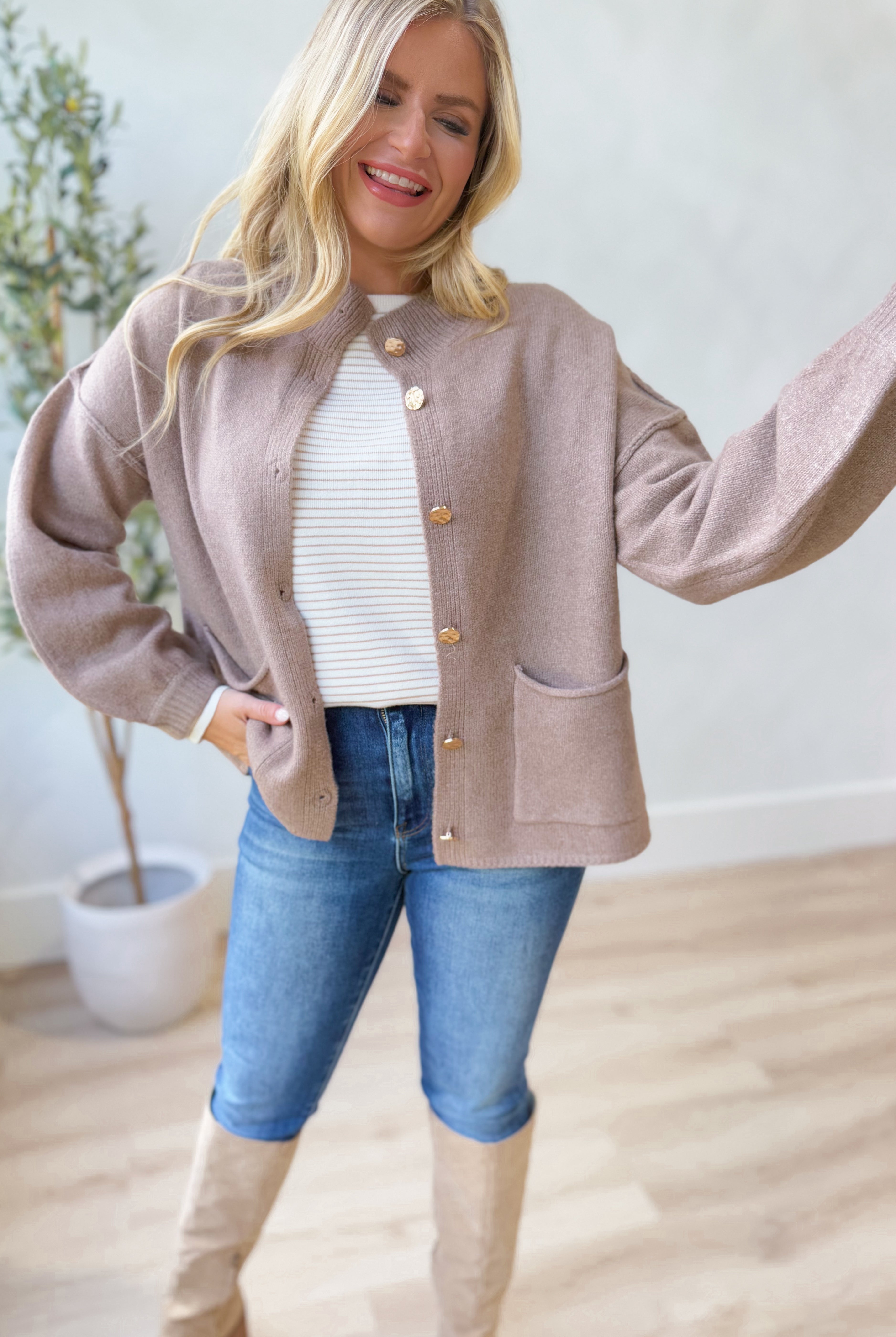 Kris Long Sleeve Gold Hammered Button Cardigan - Be You Boutique