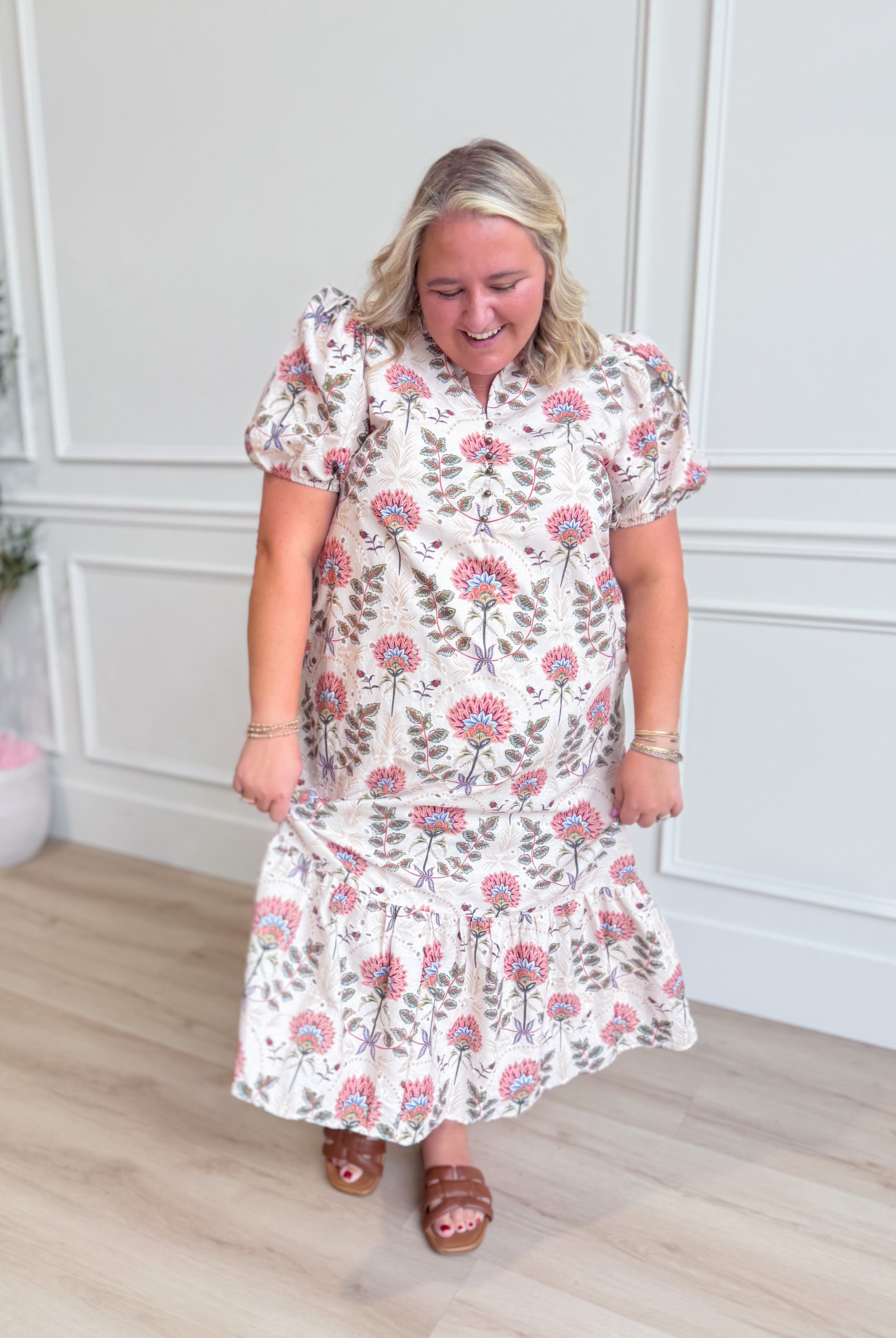 ENTRO Frankie floral printed split neck midi dress, stylish dressy dress with a flowy silhouette and vibrant floral pattern.