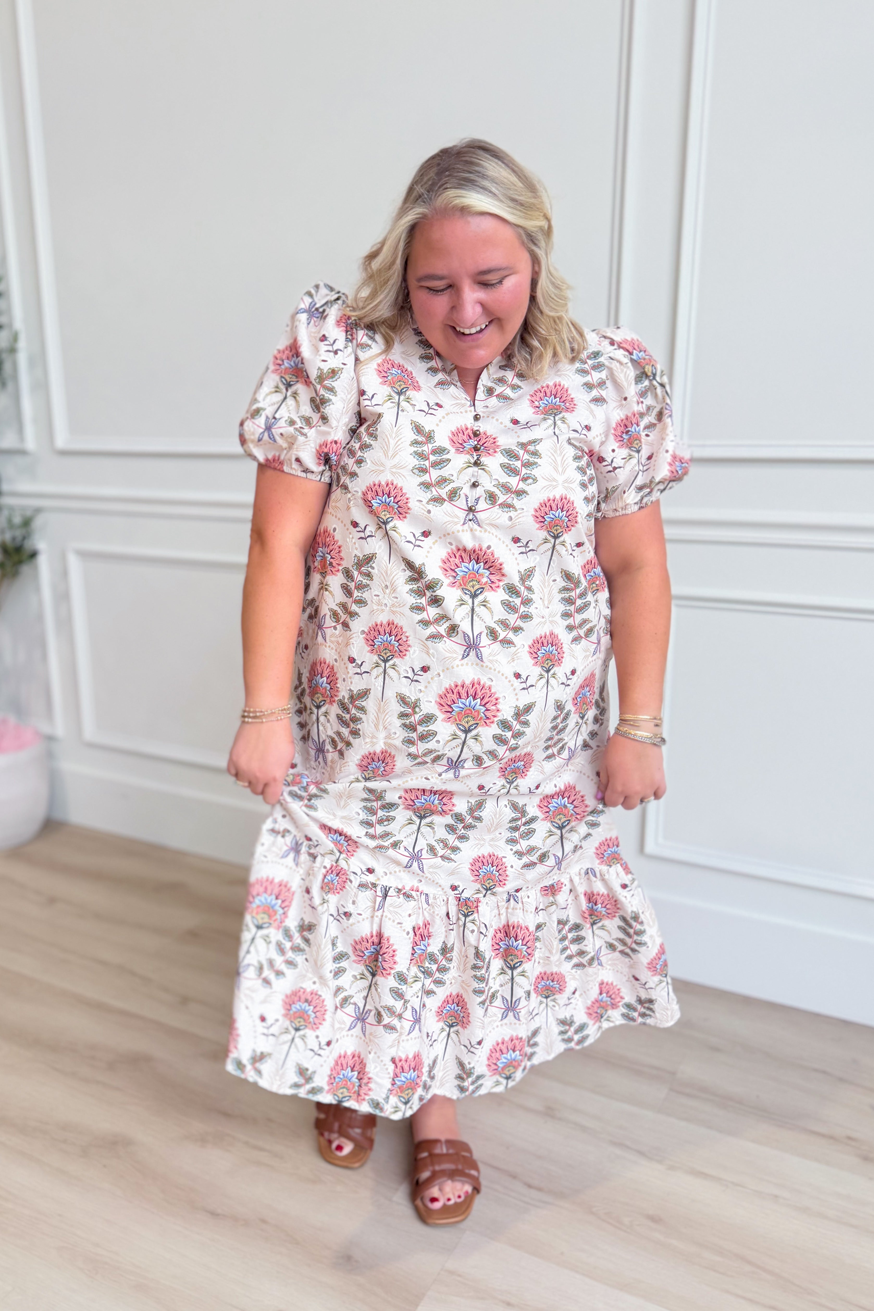 ENTRO Frankie floral printed split neck midi dress, stylish dressy dress with a flowy silhouette and vibrant floral pattern.